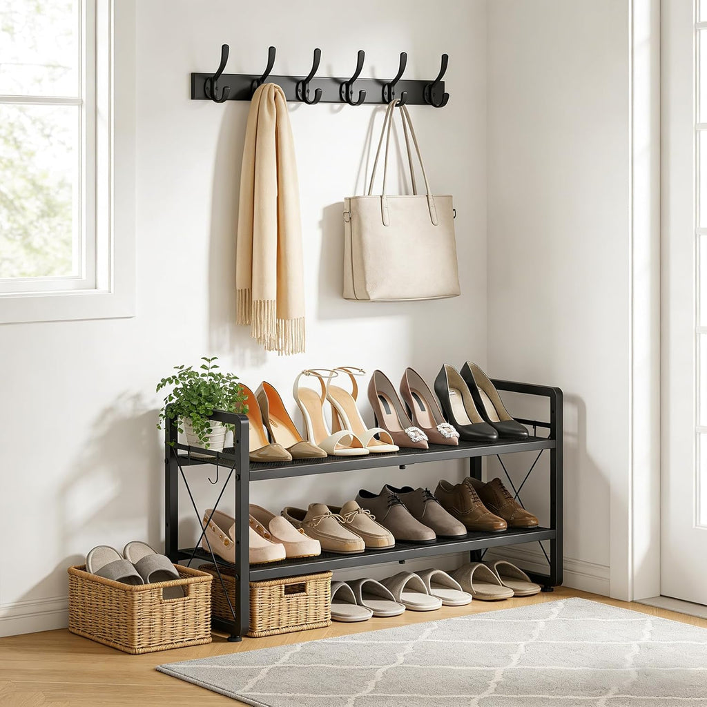 ELYKEN Shoe Rack, 2-Tier Expandable Shoe Organizer for Entryway, Metal Black Shoe Shelf with 4 Hooks, Ajustable Shoe Stand Holder for Closet, Garage, Door Entrance