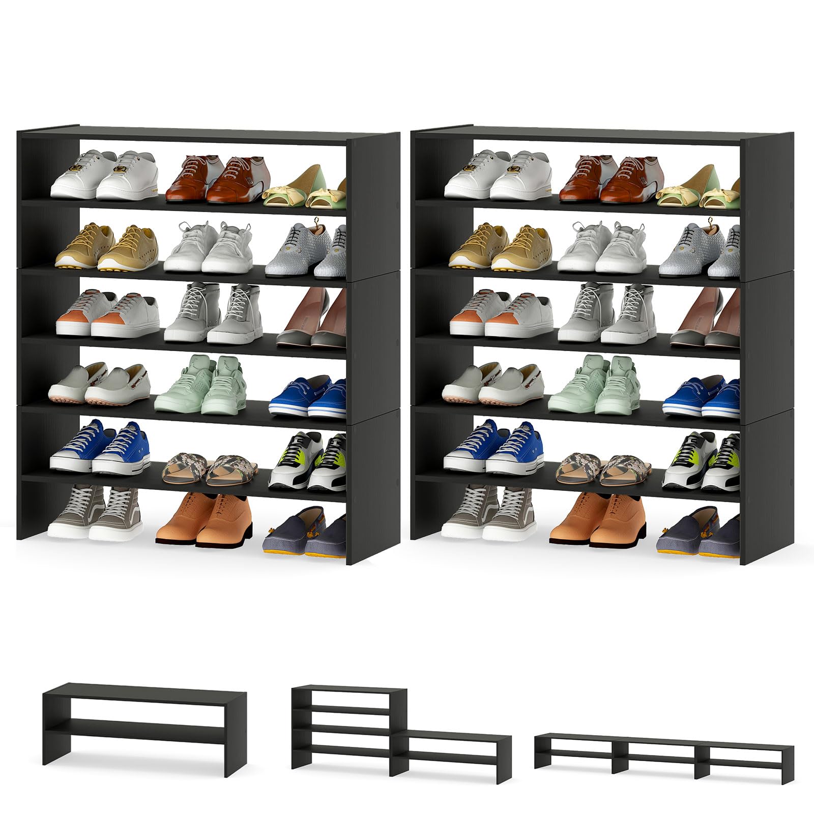 Tangkula 6-Tier Stackble Shoe Rack for Closet, Space Saving Wooden Corner Shoe Storage Shelf for 18 Pairs, 3-in-1 Adjustable White Shoe Organizer for Front Door Entryway