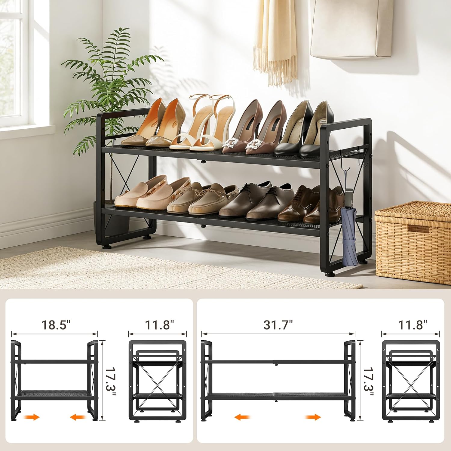 ELYKEN Shoe Rack, 2-Tier Expandable Shoe Organizer for Entryway, Metal Black Shoe Shelf with 4 Hooks, Ajustable Shoe Stand Holder for Closet, Garage, Door Entrance
