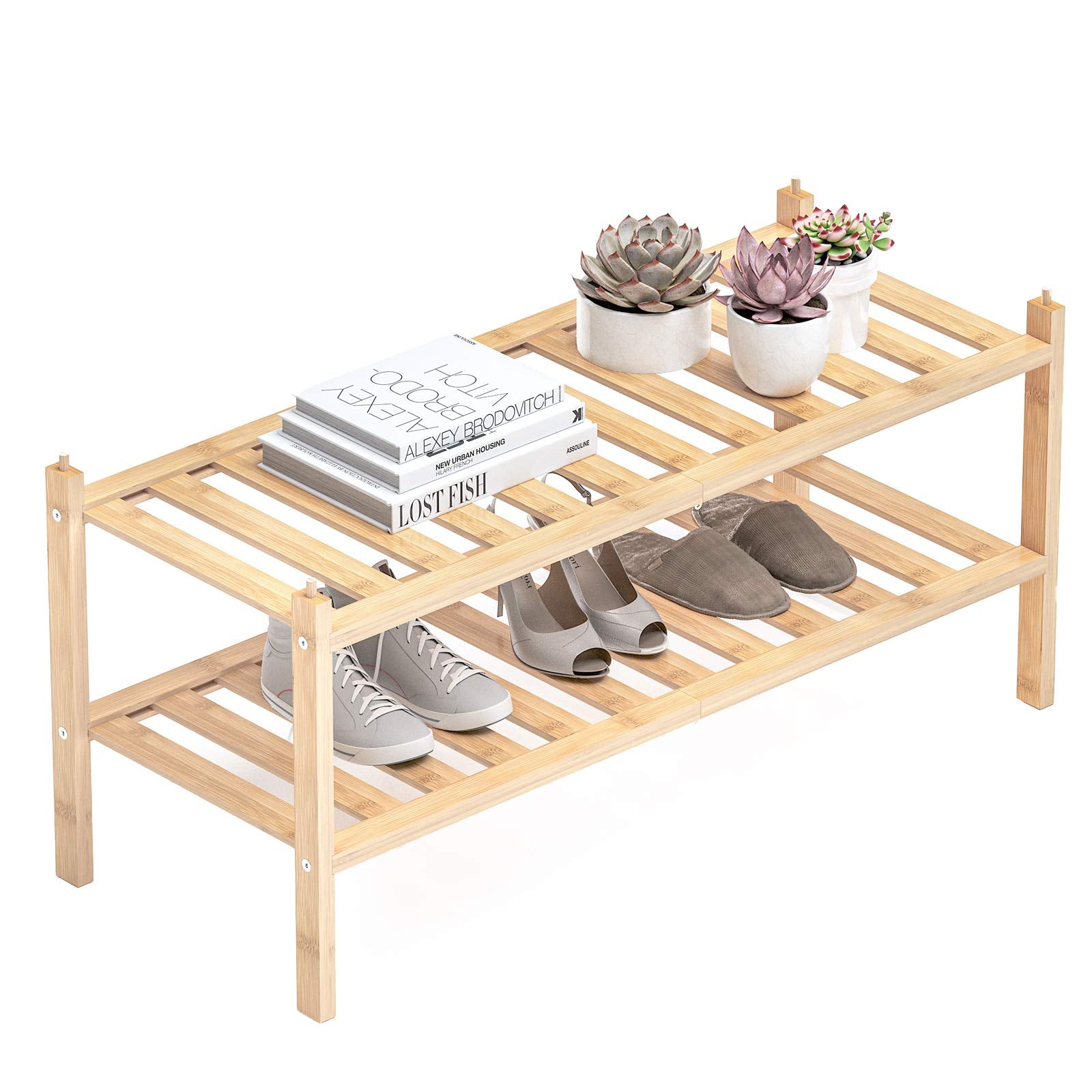 Dranixly Bamboo 2-Tier Shoe Rack Stackable Shelf Storage Organizer for Entryway, Hallway and Closet, 27.2"x11"x13.2" (Mocha)