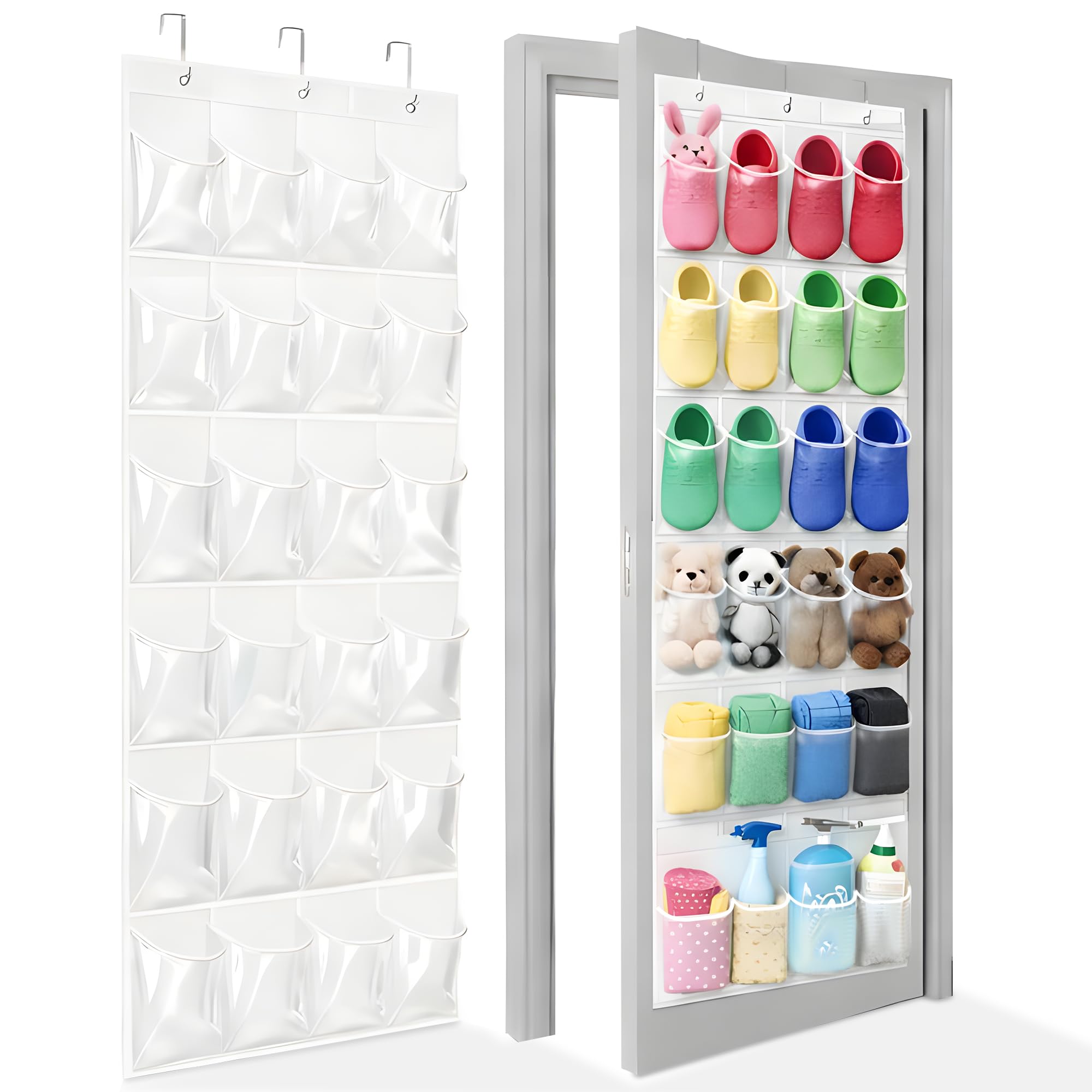 Over the Door Shoe Organizer with 24 Crystal Clear Pockets and Metal Hooks – Heavy Duty Hanging Shoe Storage Rack for Closet, Bathroom, Dorm – Space Saving for Shoes, Accessories, Toys (White)