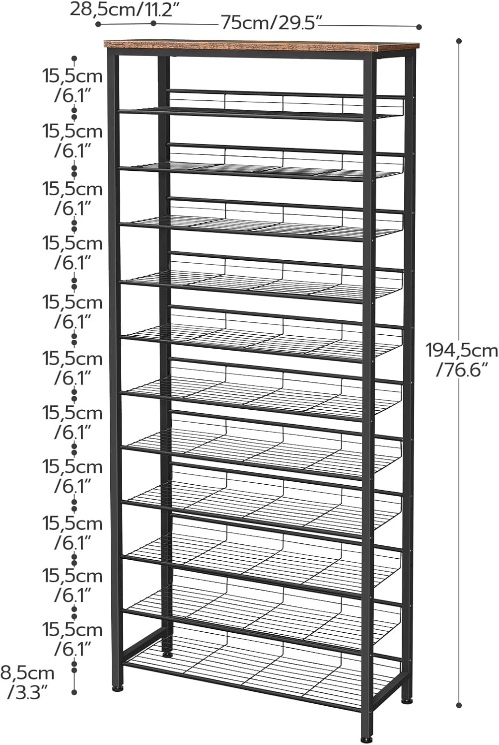 HOOBRO 12-Tier Shoe Rack, Large Capacity Shoe Storage Organizer for 35-45 Pairs of Shoes, Standing Shoe Shelf with Slanted Shelves, for Entryway, Closet, Hallway, Rustic Brown and Black BF51XJ01