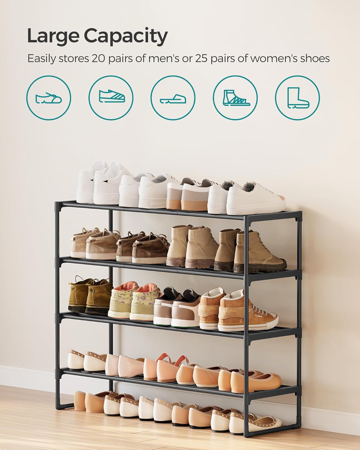 SONGMICS Shoe Rack, 4-Tier Shoe Organizer, Metal Storage Shelf, Upright or Upside Down, for 20-25 Pairs, Stackable, for Entryway, 11.8 x 36.2 x 29.1 Inches, Black ULSA14BK