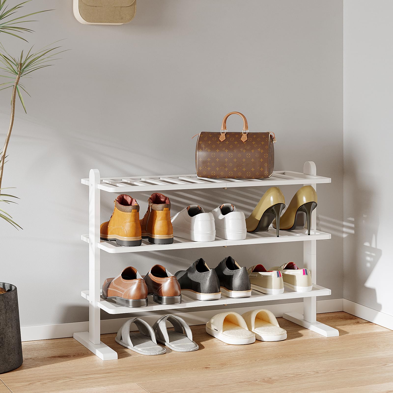 Varhomax White Shoe Rack, 4-Tier Bamboo Shoe Rack Organizer for Closet and Entryway, Thick Wooden Free Standing Shoe Shelf for Small Spaces, Sturdy & Versatile for Bedroom and Garage