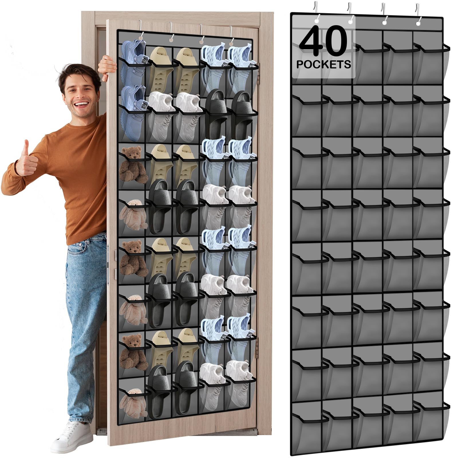 Over the Door Shoe Organizer - 40 Large Breathable Mesh Pockets, Space Saving Hanging Shoe Organizer with Metal Hooks, Hanging Shoe Rack for Men's and Women's Shoes (Black)