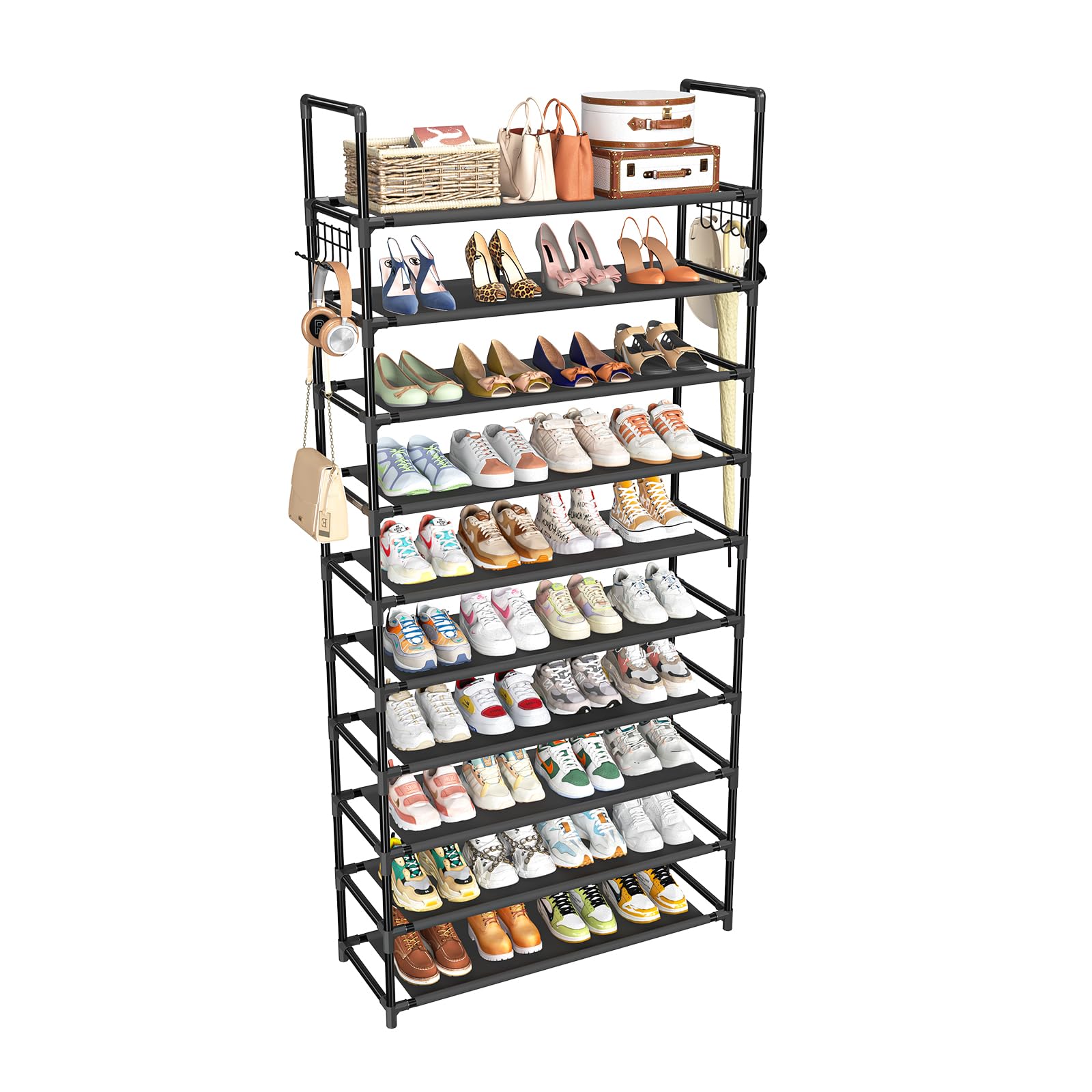 Simple Trending Narrow Shoe Rack with Cover, 10 Tier Shoe Organizer Storage, Tall Free Standing Shoe Cabinet Holds 20 Pairs for Closet, Black