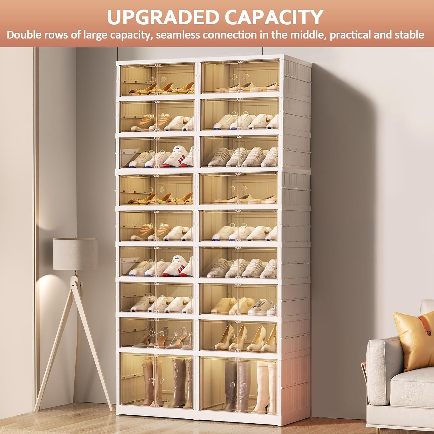 SYNCVIBE Collapsible Shoe Rack Organizer 9 Tiers-36 Pairs Foldable Shoe Cabinet with Doors, Large Plastic Folding Shoe Cabinet, Easy Assembly Shoe Shelves Organizer for Entryway, Living Room