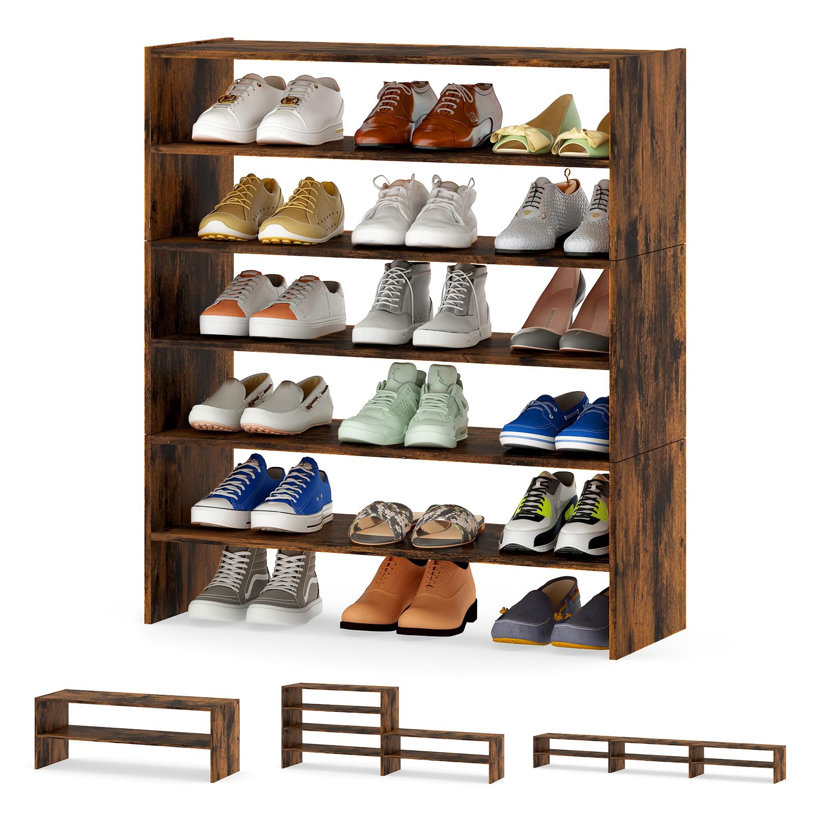 Tangkula 6-Tier Stackble Shoe Rack for Closet, Space Saving Wooden Corner Shoe Storage Shelf for 18 Pairs, 3-in-1 Adjustable White Shoe Organizer for Front Door Entryway