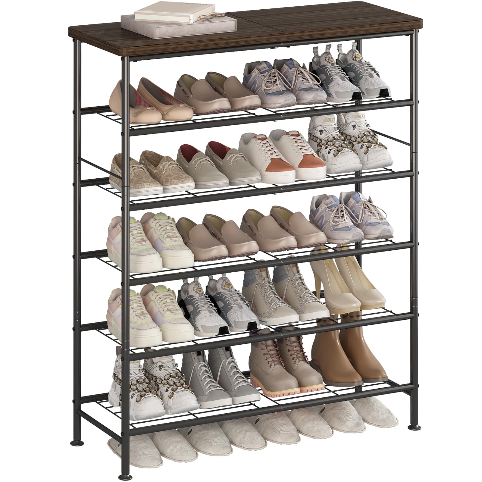 SUOERNUO Shoe Rack Organizer 5 Tier for Closet Entryway Free Standing Metal Storage Shoe Shelf with MDF Top Board，White+Oak