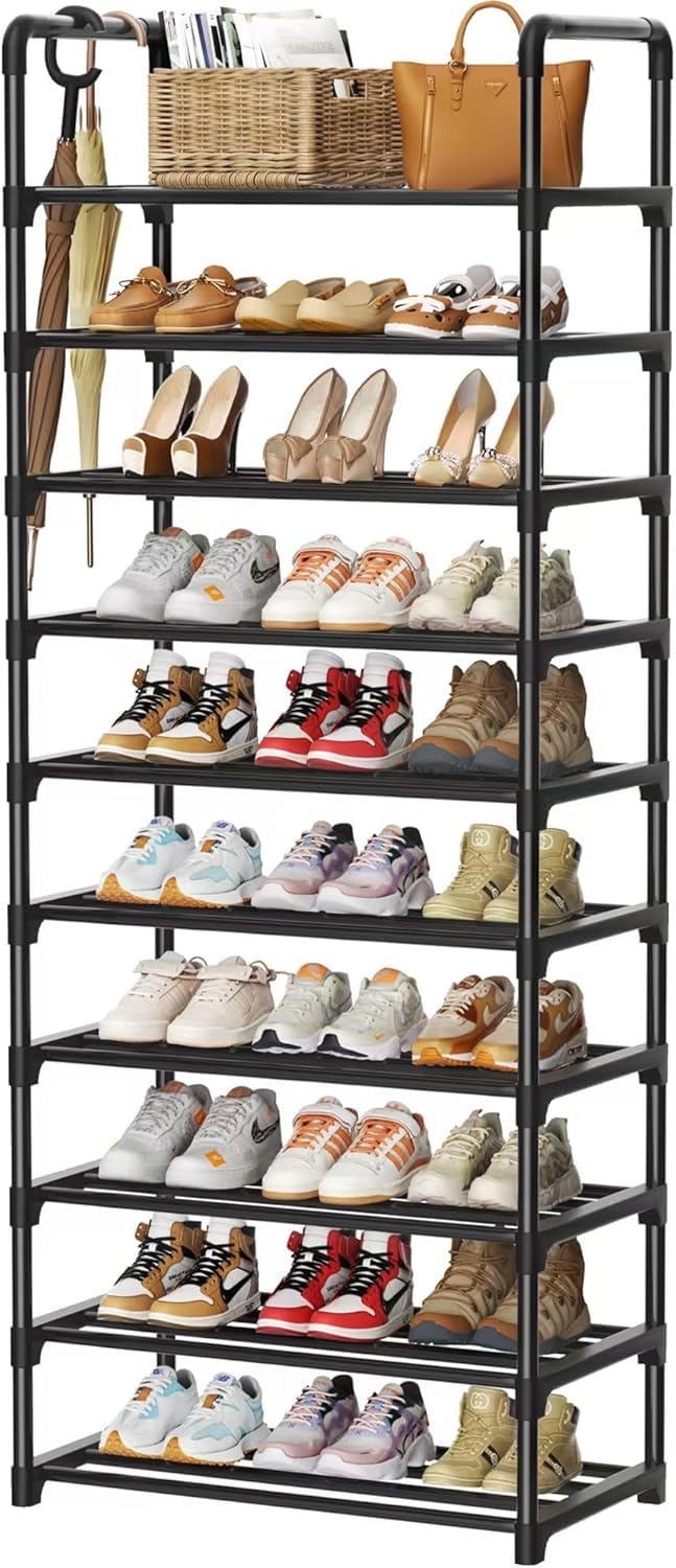 Shoe Rack, 10 Tier Shoe Storage Organizer with Hooks,Fit 40-45 Pairs Shoes,Metal Tall Shoe Shelf for Closet,Entryway, Hallway,Garage,Bedroom,Cloakroom