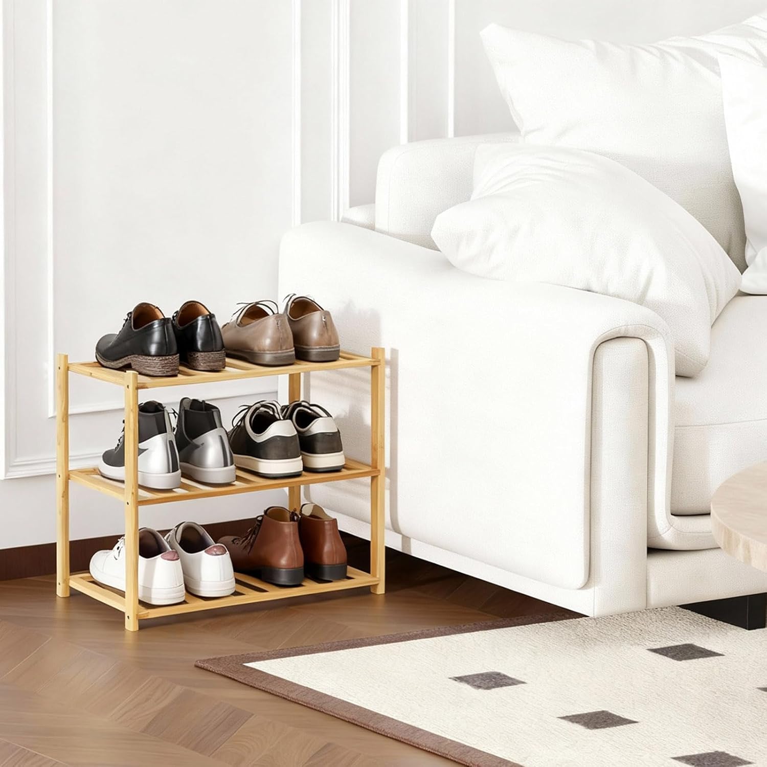 Small Shoe Rack, Multipurpose 3 Tier Shoe Organizers Rack，Small Bamboo Shelfs for Shoes, Plants, Books, Living Room, Hallway Bedroom, Bathroom (3 Tier)