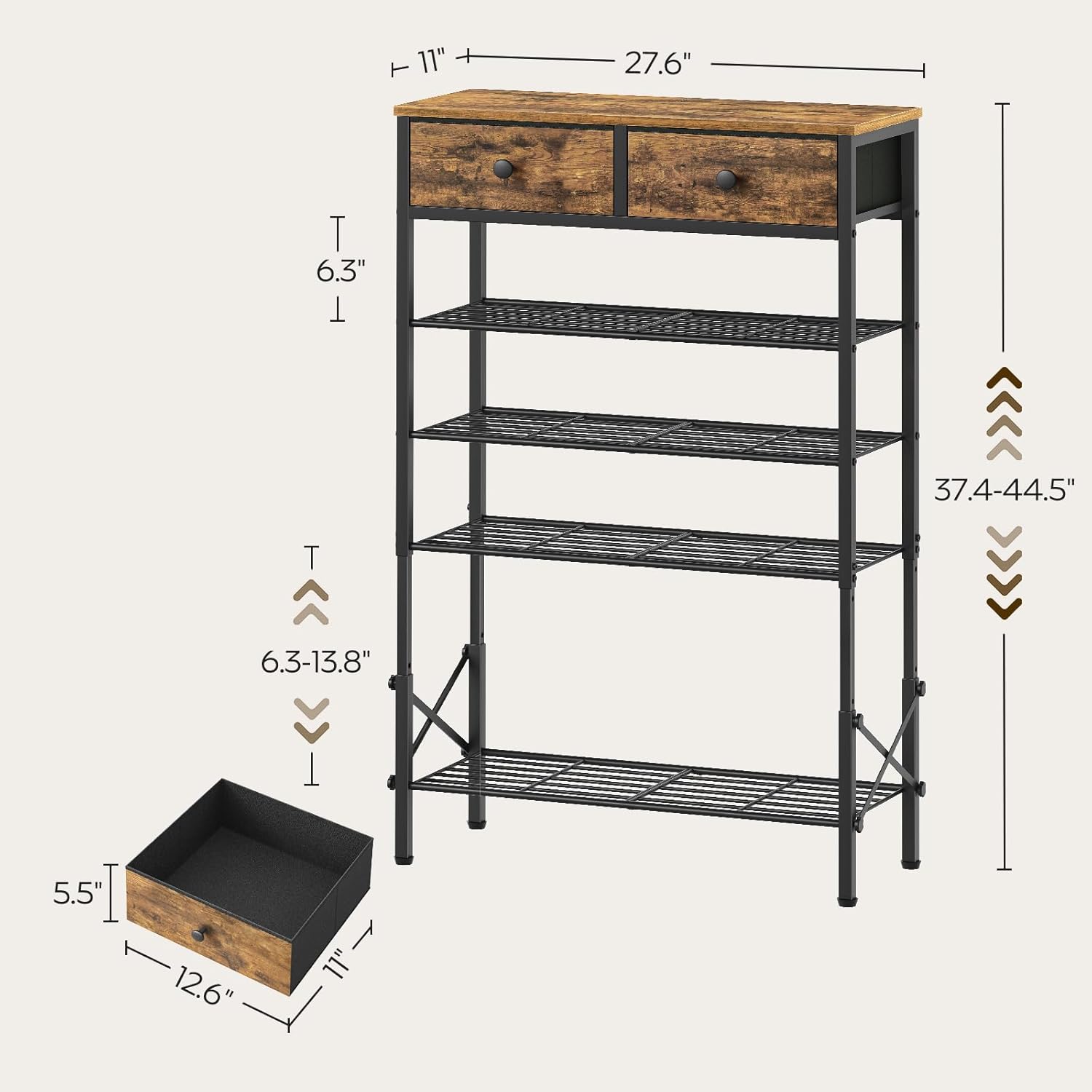 YATINEY 5 Tier Shoe Rack with Adjustable Height (37.4”-44.5”), Shoe Storage Shelf with 2 Non-Woven Drawers, Wooden Shoe Organizer for Entryway, Cloakroom, Rustic Brown and Black SS11BR