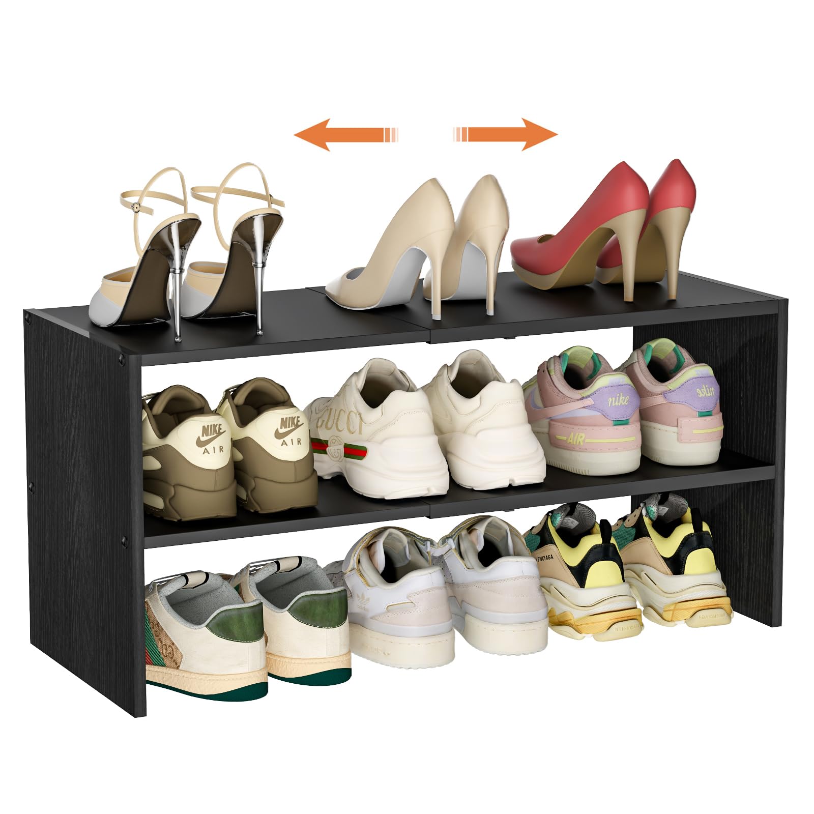 White Shoe Rack Organizer for Closet, 2-Tier Expandable Shoe Shelf, Stackable Iron Wood Combination Small Shoe Racks Shelves for Closets, Entryway,Small Space,Hallway,Bedroom,Bathroom,6-12 Pairs