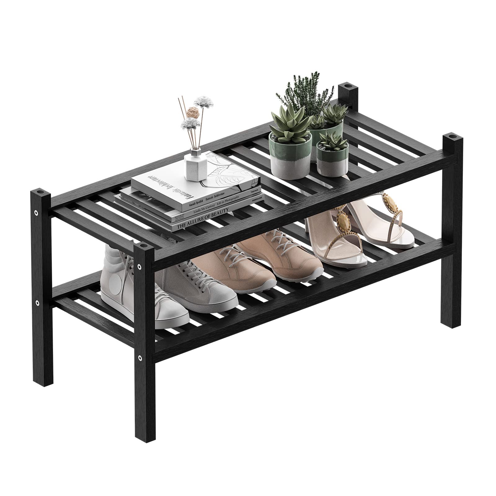 ROMGUAR CRAFT 3 Tier Bamboo Shoe Rack for Closet Free Standing Wood Shoe Shelf Storage Organizer for Entryway Small Space Stackable 27"x11"x20" (Black)