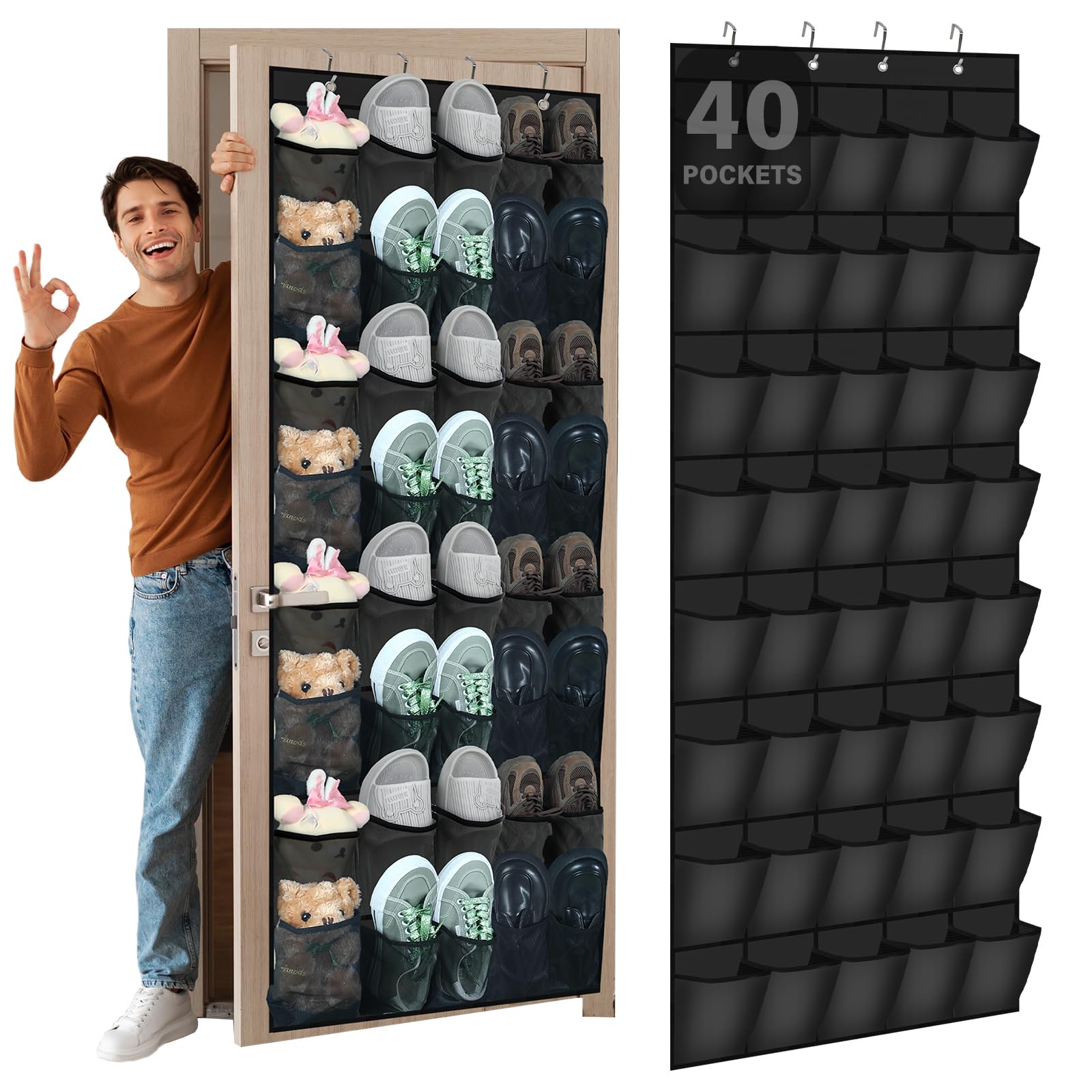 Windyun 40 Over The Door Shoe Organizer, Large Mesh Pocket Hanging Shoe Rack Hanger Large Capacity Gray Behind The Door Storage Holder for Dorm College Closet Entryway Bedroom Utility Room Women Men
