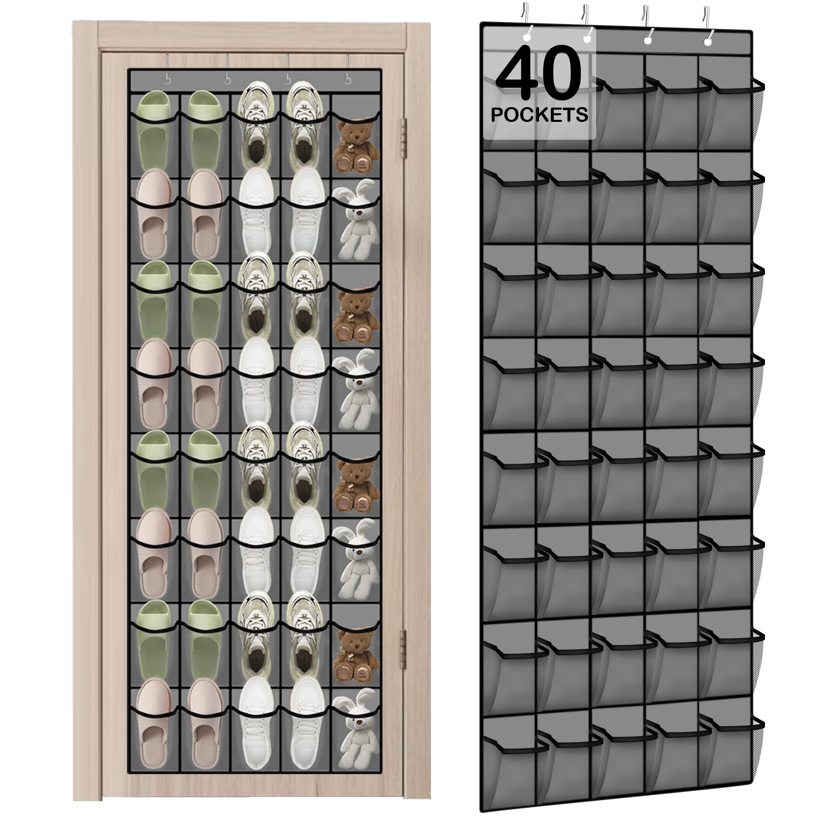Over the Door Shoe Organizer - 40 Large Breathable Mesh Pockets, Space Saving Hanging Shoe Organizer with Metal Hooks, Hanging Shoe Rack for Men's and Women's Shoes (Black)