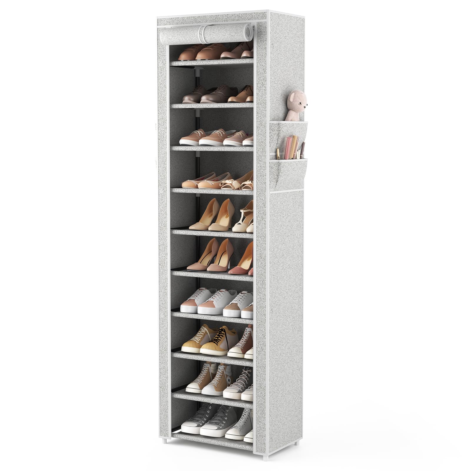 VTRIN Vertical Narrow Shoe Rack Organizer Tall Shoe Rack for Closet Entryway 10 Tier Non-Woven Cover Shoe Shelf Holds 36-41 Pairs Free Standing Shoe Storage Cabinet with Dustproof Cover, White