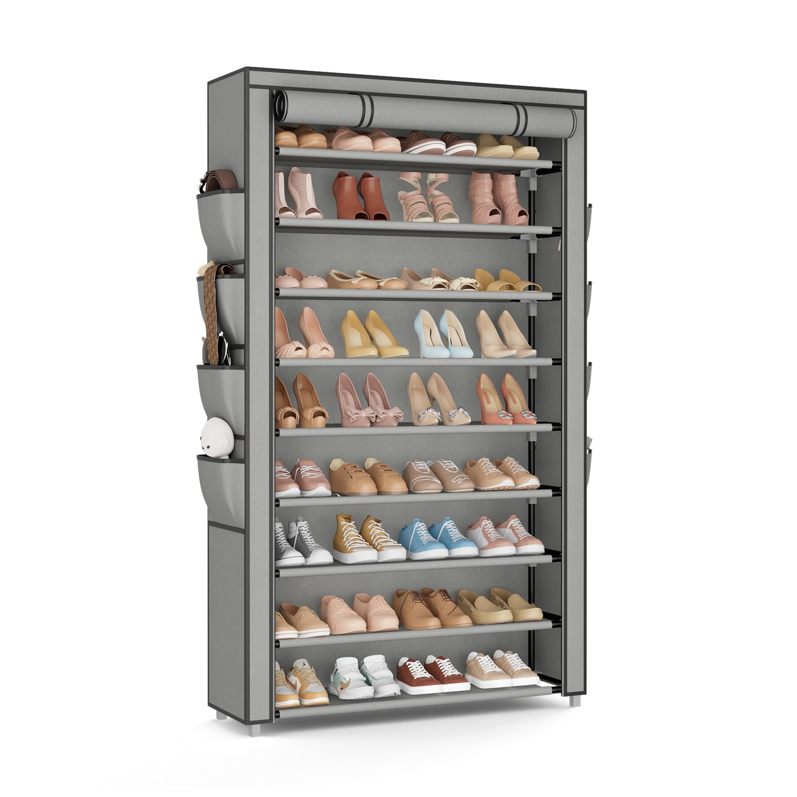 Shoe Rack with Cover, 10 Tier Shoe Organizer Storage for 40-50 Pairs Sneaker and Boots, Large Capacity, with 8 Pockets, Free Standing Tall Shoe Rack for Front Door Entrance, Closet