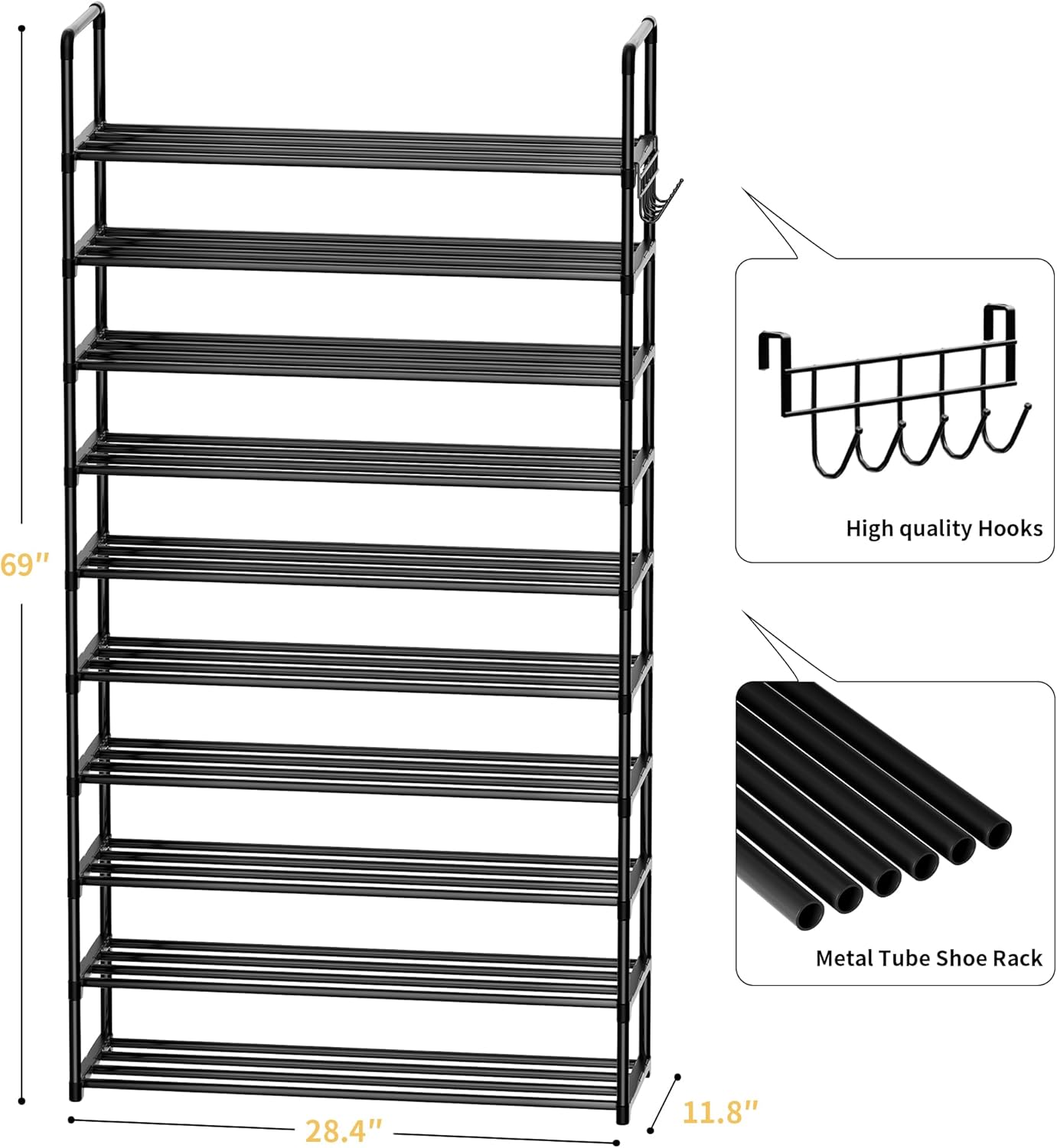 Shoe Rack, 10 Tier Shoe Storage Organizer with Hooks,Fit 40-45 Pairs Shoes,Metal Tall Shoe Shelf for Closet,Entryway, Hallway,Garage,Bedroom,Cloakroom
