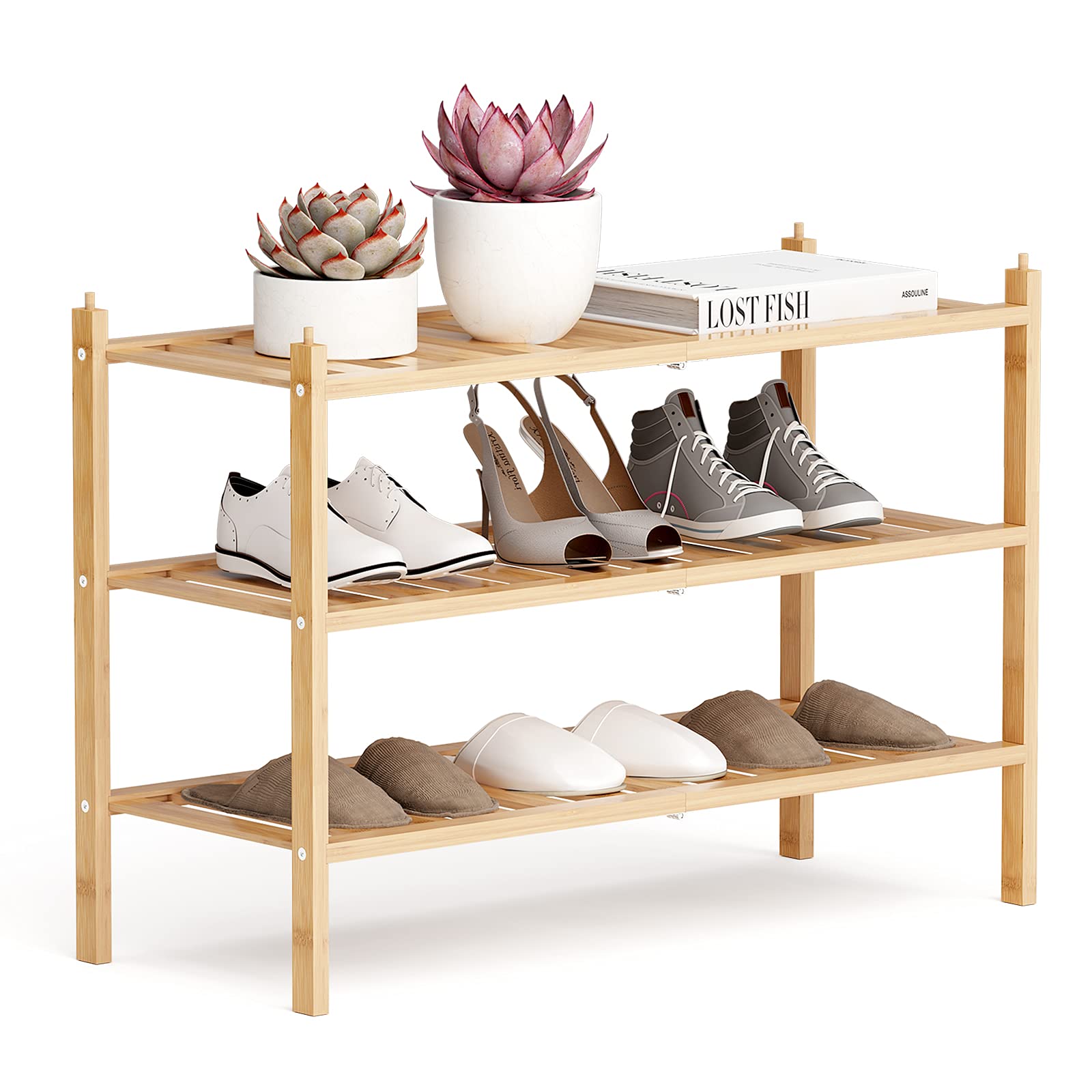 Dranixly Bamboo 2-Tier Shoe Rack Stackable Shelf Storage Organizer for Entryway, Hallway and Closet, 27.2"x11"x13.2" (Mocha)