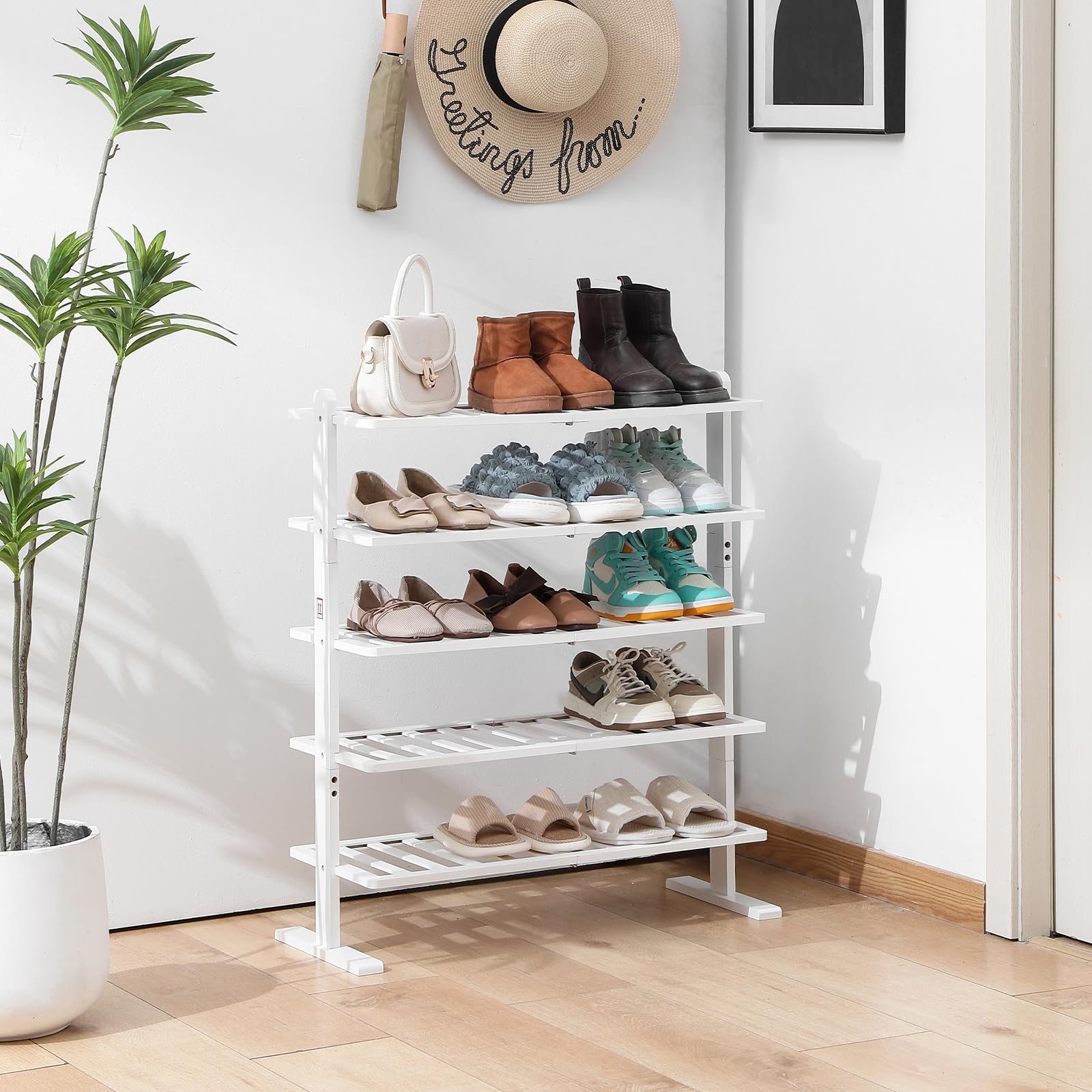 Varhomax White Shoe Rack, 4-Tier Bamboo Shoe Rack Organizer for Closet and Entryway, Thick Wooden Free Standing Shoe Shelf for Small Spaces, Sturdy & Versatile for Bedroom and Garage