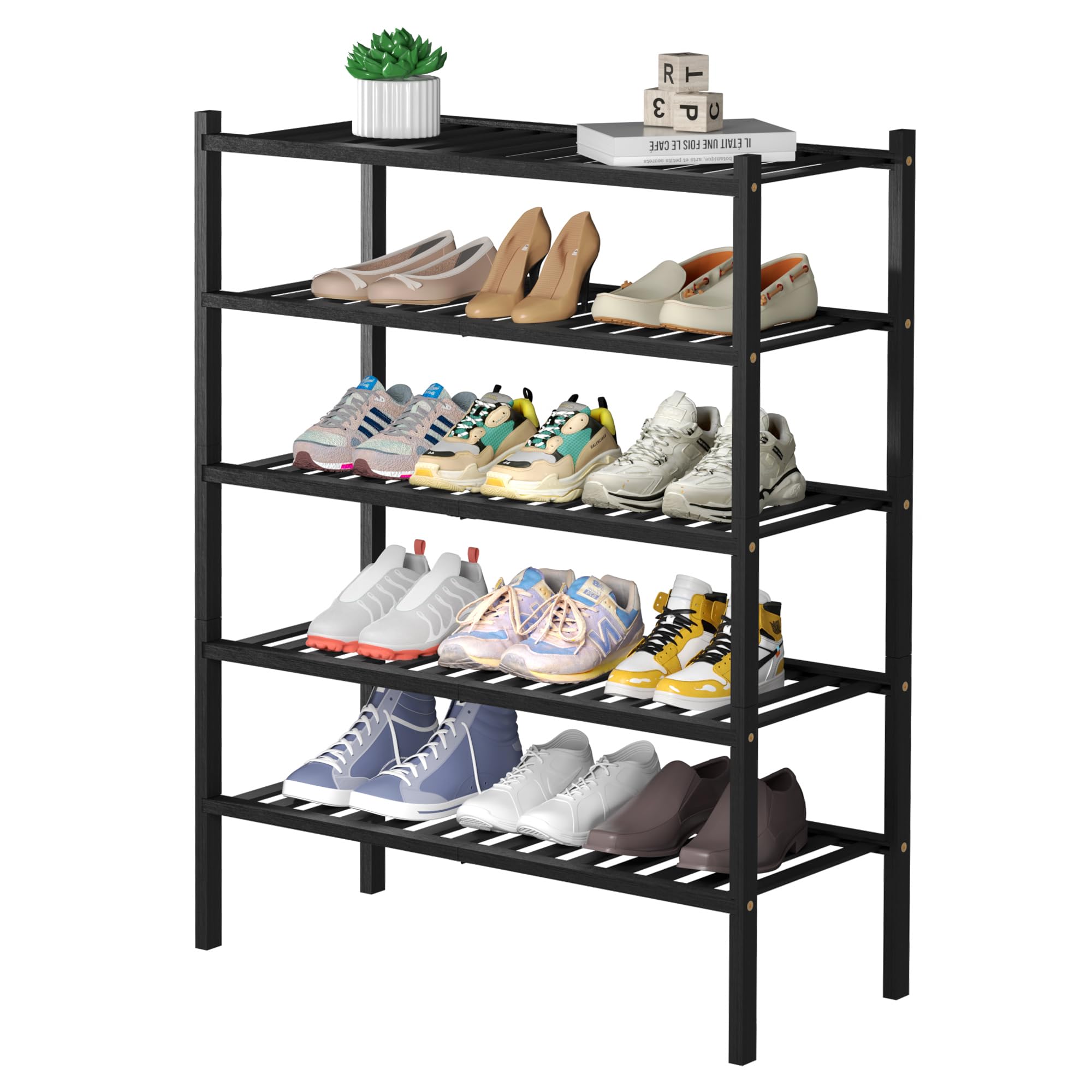 ROMGUAR CRAFT 3 Tier Bamboo Shoe Rack for Closet Free Standing Wood Shoe Shelf Storage Organizer for Entryway Small Space Stackable 27"x11"x20" (Black)