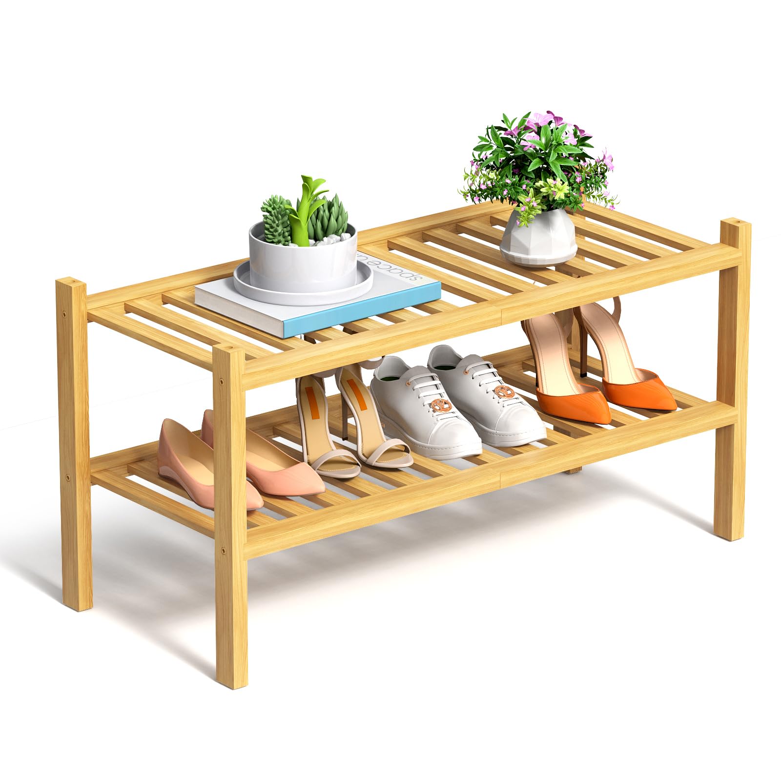 RONGJlA 3 Tier Bamboo Shoe Rack for Closet Free Standing Wood Shoe Shelf Storage Organizer for Entryway Small Space Stackable, Natural