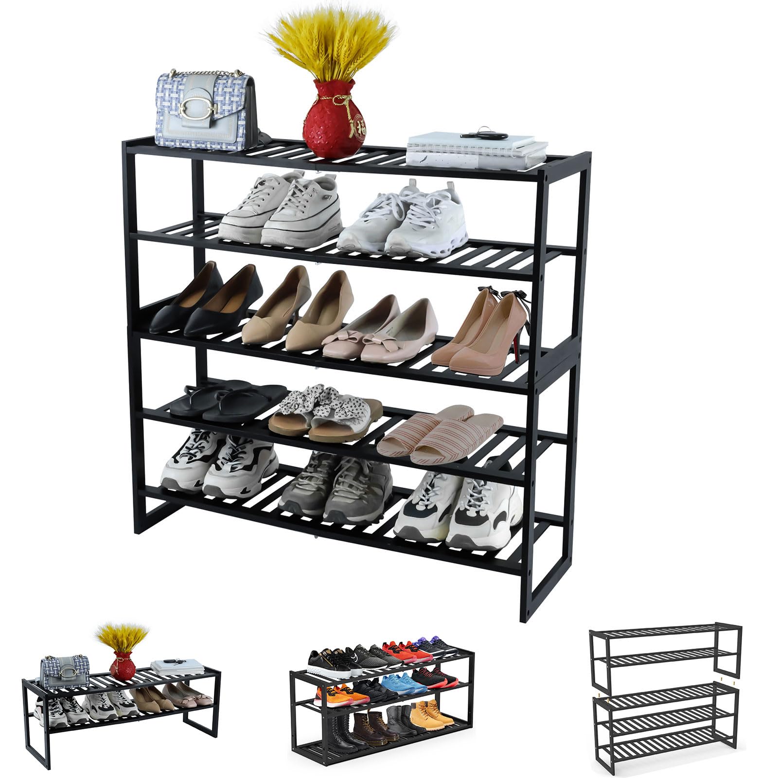 Jripae Bamboo Shoe Rack for Closet, Stackable 3 Tier Longer Shoe Organizer Shelf Holder Storage 12-15 Pairs for Entryway Door Hallway Bedroom Garage Space Saving Foldable Black