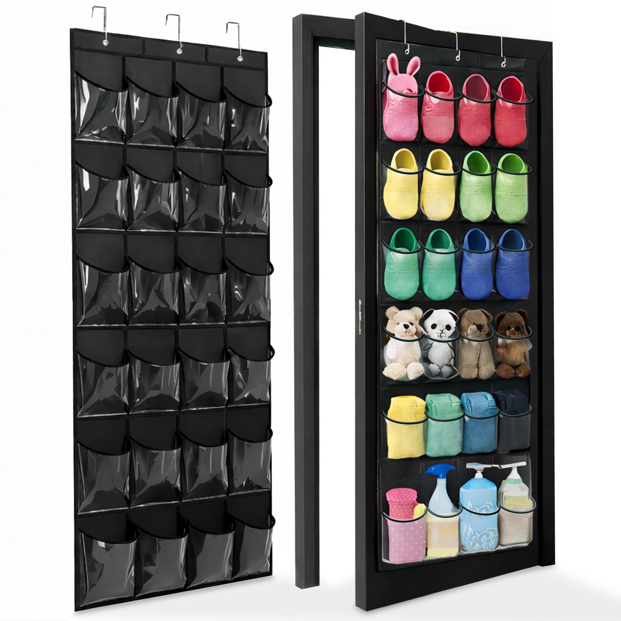 Over the Door Shoe Organizer with 24 Crystal Clear Pockets and Metal Hooks – Heavy Duty Hanging Shoe Storage Rack for Closet, Bathroom, Dorm – Space Saving for Shoes, Accessories, Toys (White)