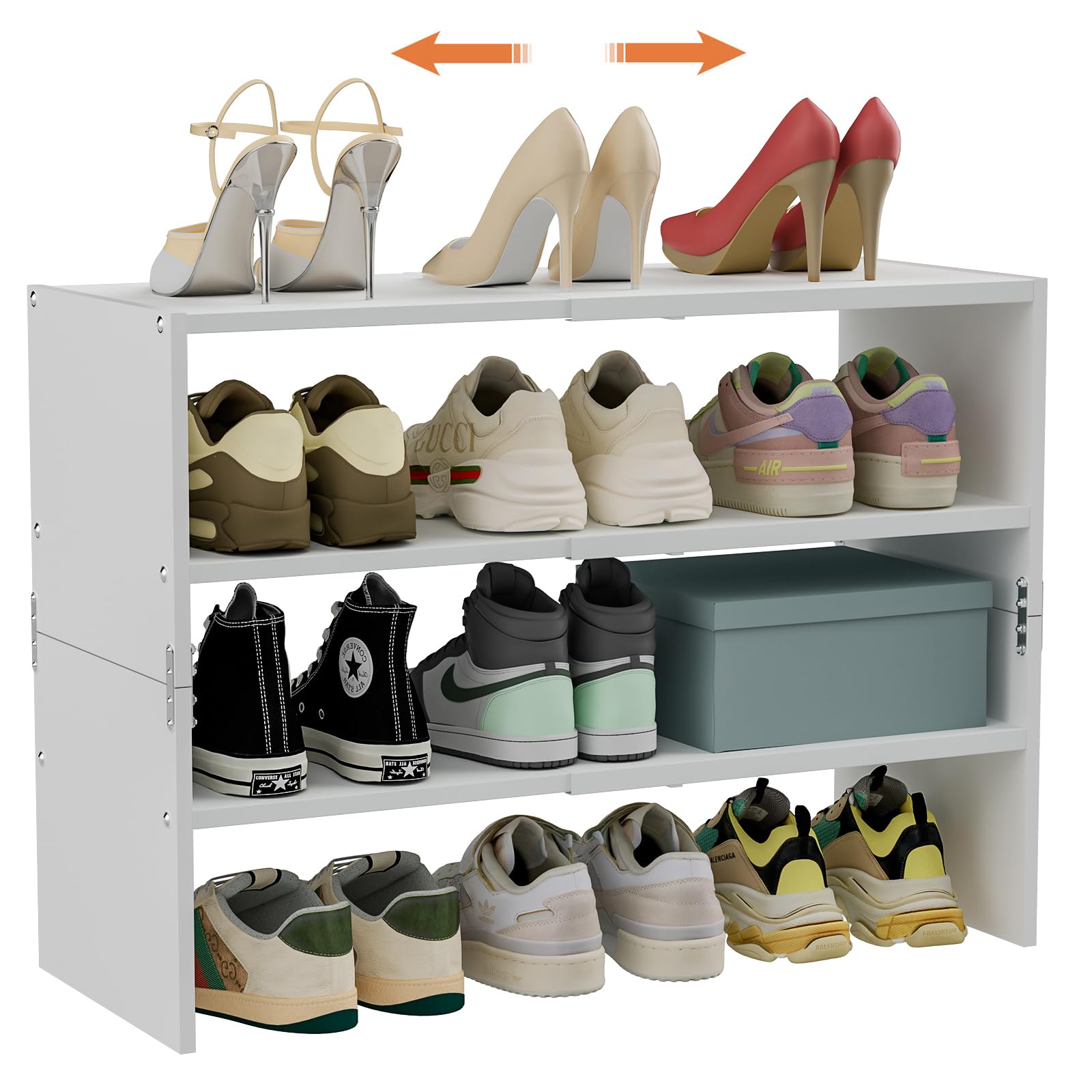 White Shoe Rack Organizer for Closet, 2-Tier Expandable Shoe Shelf, Stackable Iron Wood Combination Small Shoe Racks Shelves for Closets, Entryway,Small Space,Hallway,Bedroom,Bathroom,6-12 Pairs