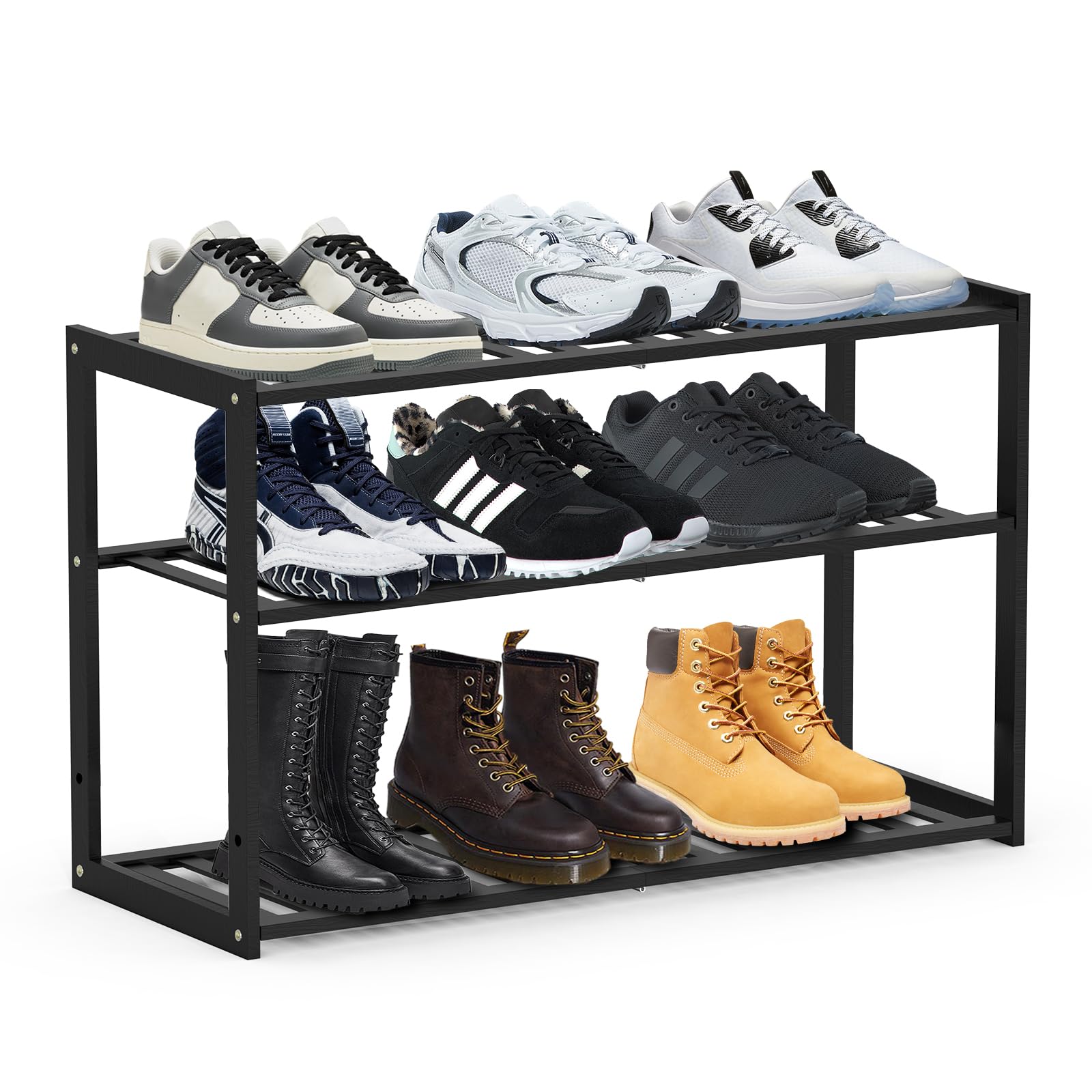 Jripae Bamboo Shoe Rack for Closet, Stackable 3 Tier Longer Shoe Organizer Shelf Holder Storage 12-15 Pairs for Entryway Door Hallway Bedroom Garage Space Saving Foldable Black