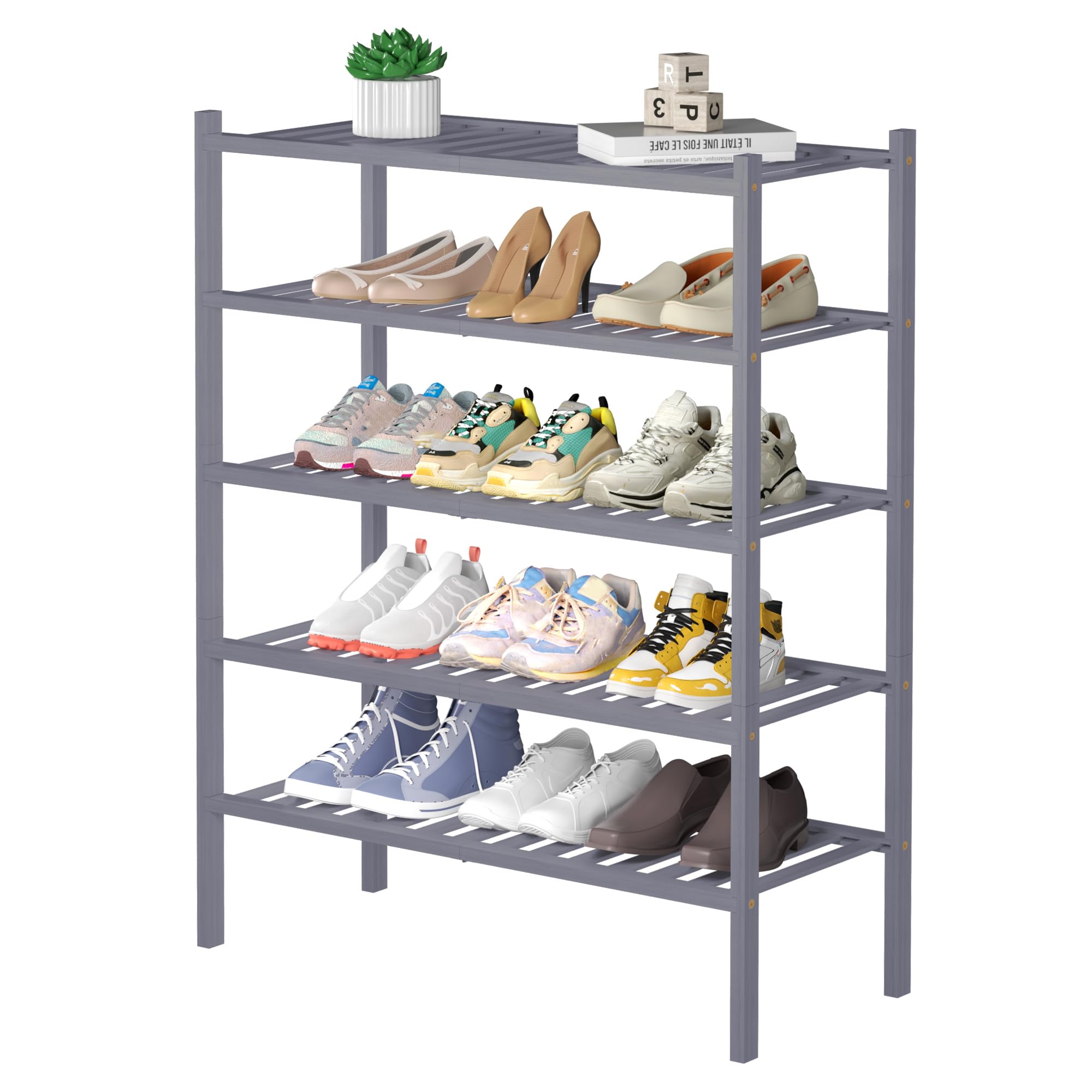 ROMGUAR CRAFT 3 Tier Bamboo Shoe Rack for Closet Free Standing Wood Shoe Shelf Storage Organizer for Entryway Small Space Stackable 27"x11"x20" (Black)