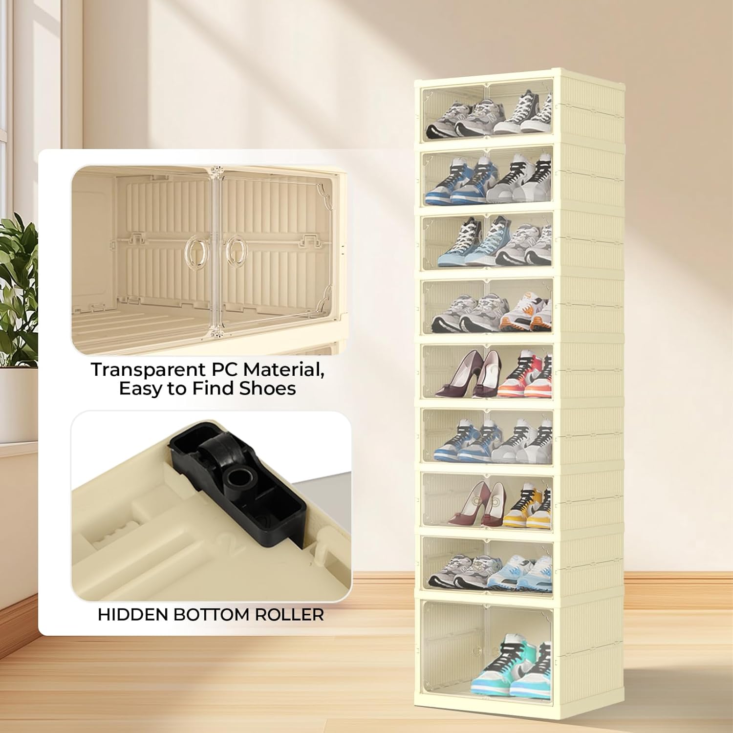 FAHKNS Shoe Storage Box, 9 Tiers Easy Assembly Foldable Plastic Shoe Rack with Clear Door, Stackable Shoe Storage Bins Shoe Organizer for Entryway Closet