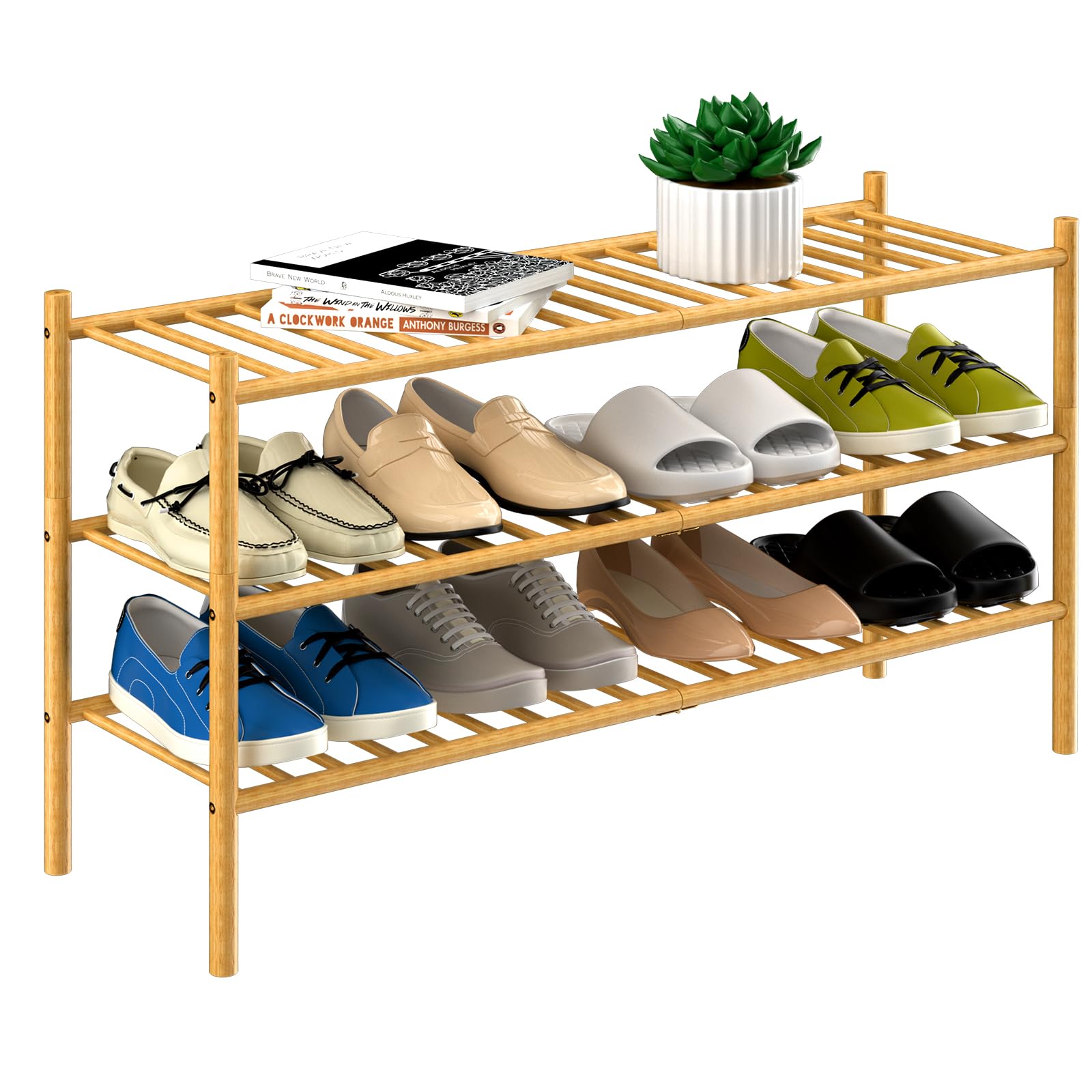 ROMGUAR CRAFT 3 Tier Bamboo Shoe Rack for Closet Free Standing Wood Shoe Shelf Storage Organizer for Entryway Small Space Stackable 27"x11"x20" (Black)