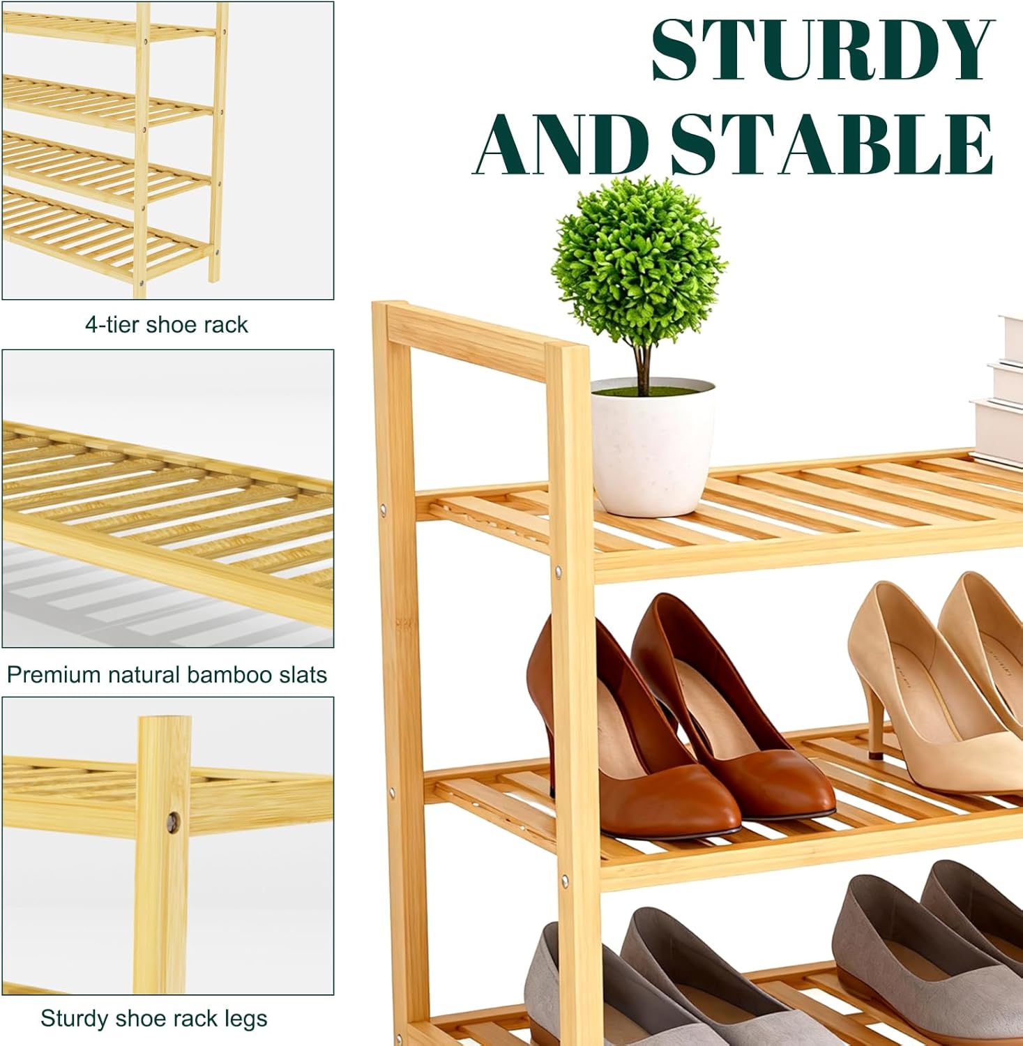 4 Tier Bamboo Wooden Shoe Rack for Closet & Entryway, Free Standing Shoe Rack Stand Organizer Shelf for Garage, Bedroom, Small Space Storage, Stackable