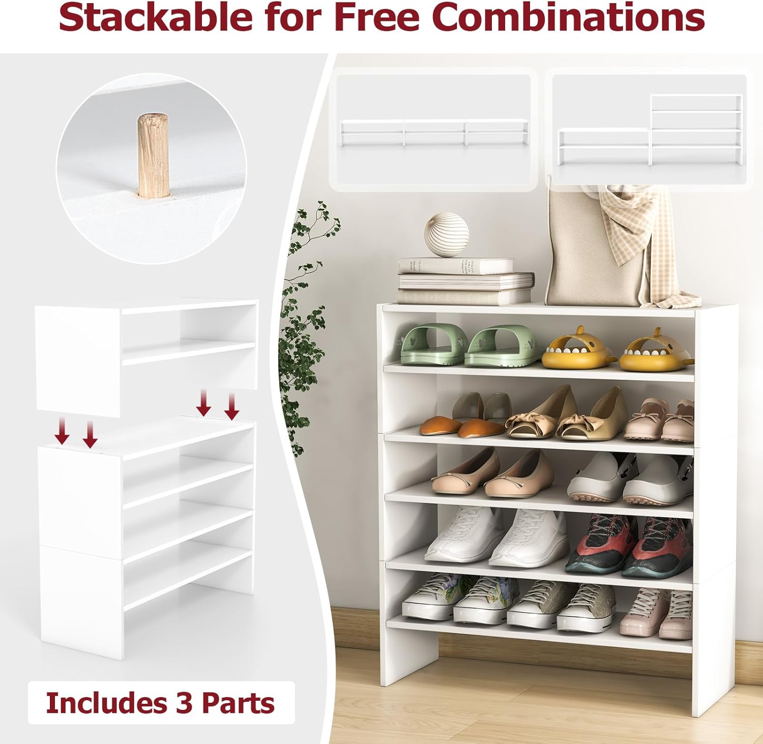 Tangkula 6-Tier Stackble Shoe Rack for Closet, Space Saving Wooden Corner Shoe Storage Shelf for 18 Pairs, 3-in-1 Adjustable White Shoe Organizer for Front Door Entryway