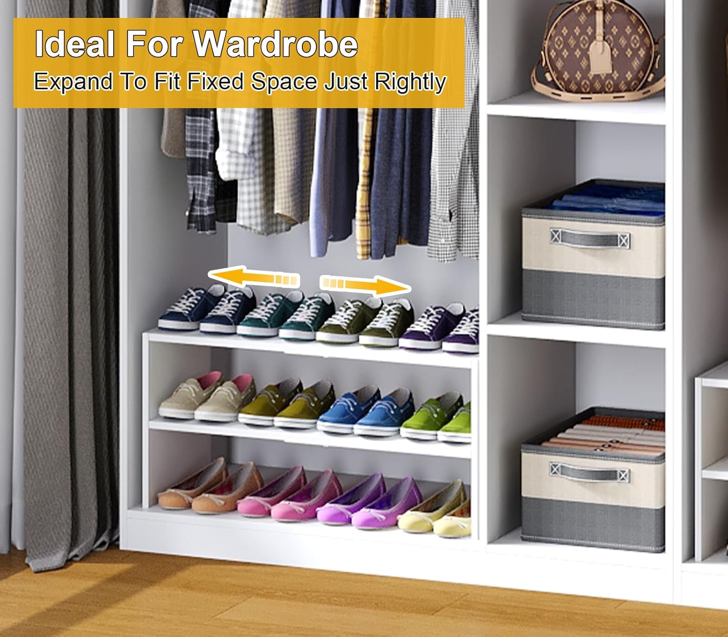 White Shoe Rack Organizer for Closet, 2-Tier Expandable Shoe Shelf, Stackable Iron Wood Combination Small Shoe Racks Shelves for Closets, Entryway,Small Space,Hallway,Bedroom,Bathroom,6-12 Pairs