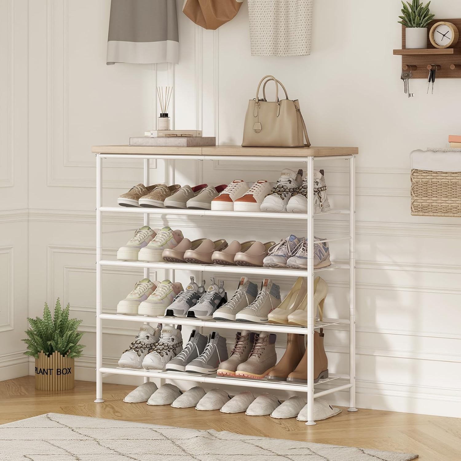 SUOERNUO Shoe Rack Organizer 5 Tier for Closet Entryway Free Standing Metal Storage Shoe Shelf with MDF Top Board，White+Oak