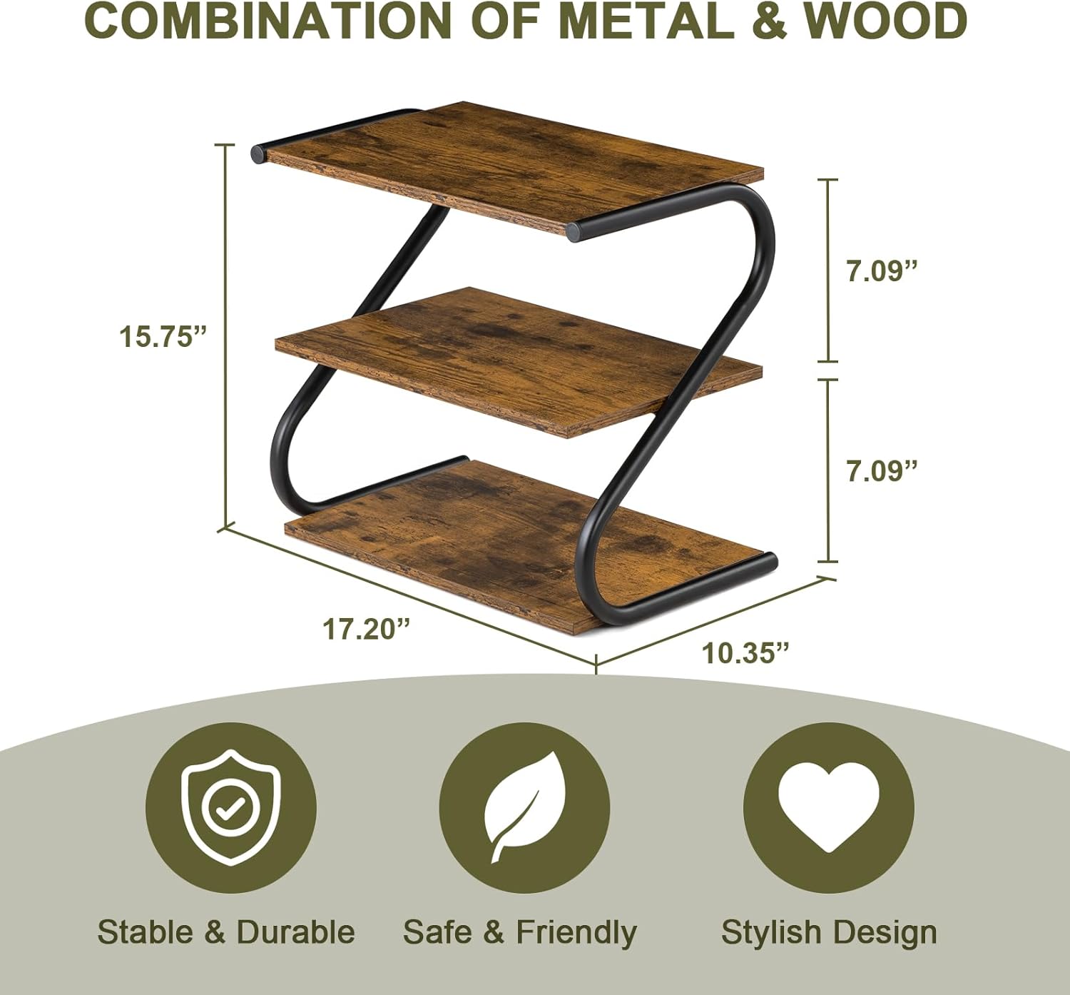 Small 3-Tier Shoe Rack, Z-Frame Wooden Shoe Shelf with Durable Metal Shelves for Hallway, Living Room, Closet, Bedroom (17.2”)