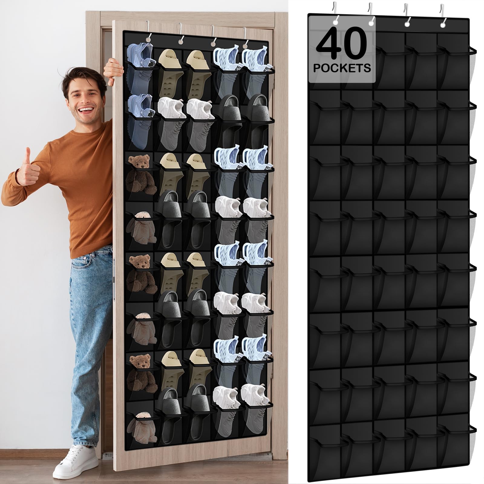 Over the Door Shoe Organizer - 40 Large Breathable Mesh Pockets, Space Saving Hanging Shoe Organizer with Metal Hooks, Hanging Shoe Rack for Men's and Women's Shoes (Black)