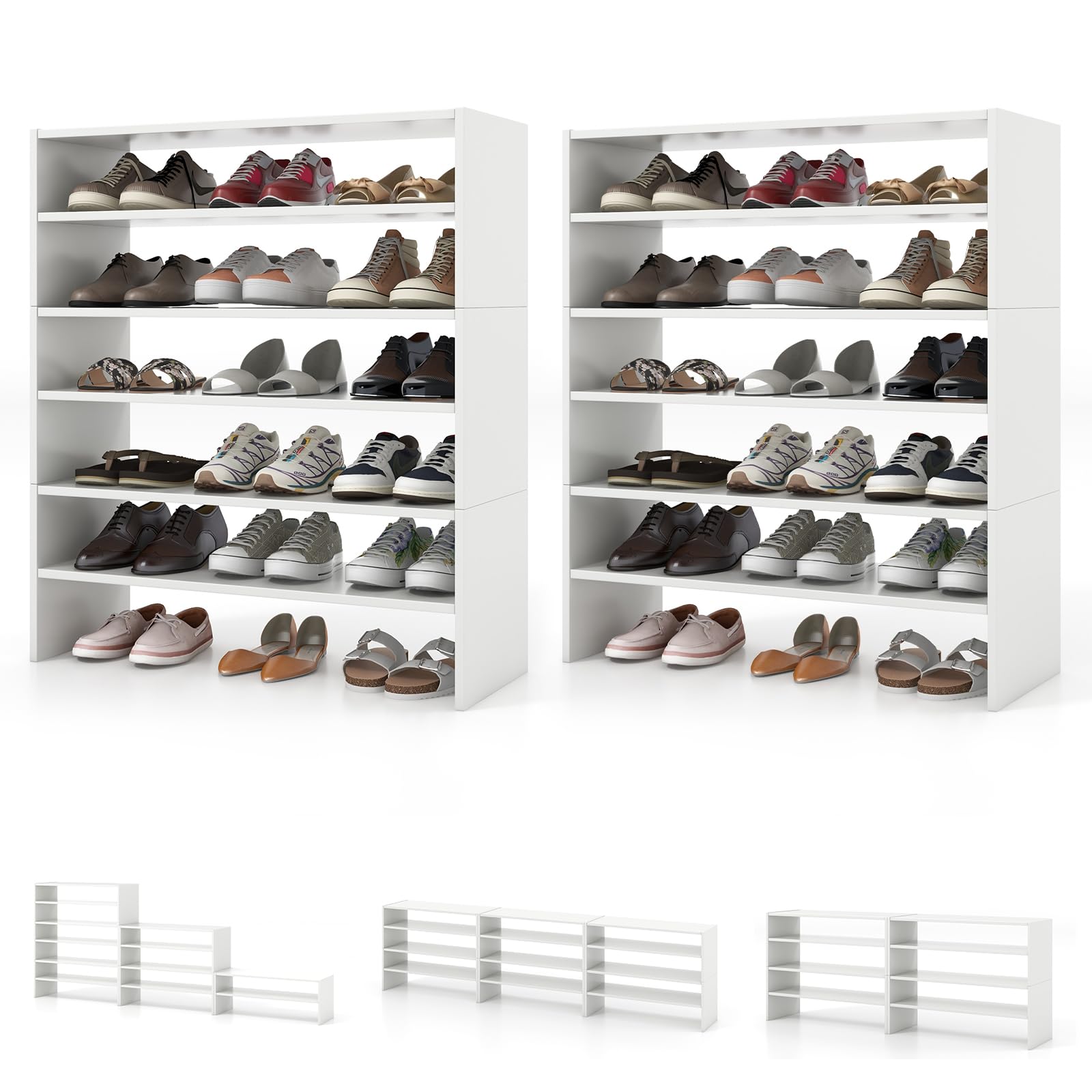 Tangkula 6-Tier Stackble Shoe Rack for Closet, Space Saving Wooden Corner Shoe Storage Shelf for 18 Pairs, 3-in-1 Adjustable White Shoe Organizer for Front Door Entryway