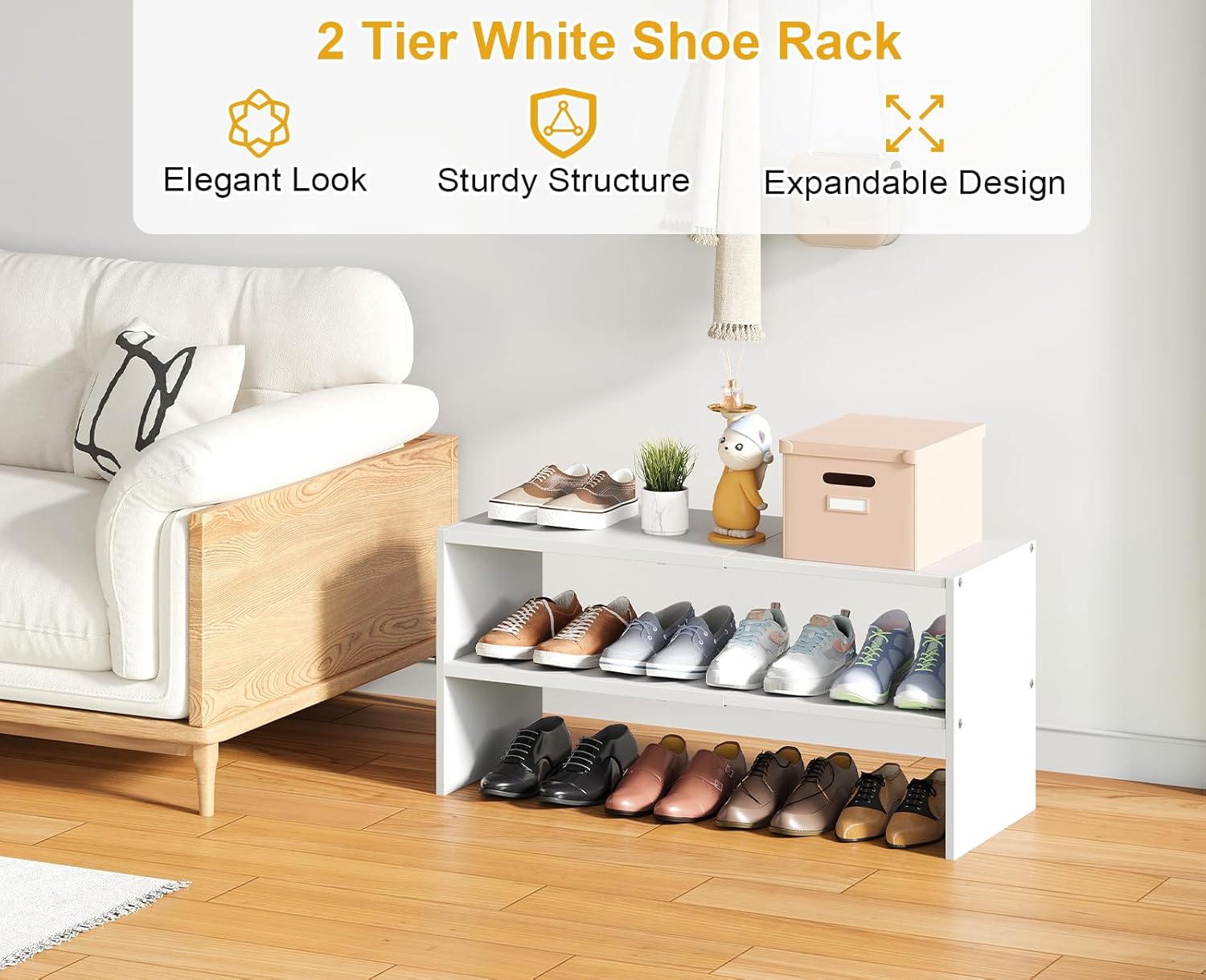 White Shoe Rack Organizer for Closet, 2-Tier Expandable Shoe Shelf, Stackable Iron Wood Combination Small Shoe Racks Shelves for Closets, Entryway,Small Space,Hallway,Bedroom,Bathroom,6-12 Pairs