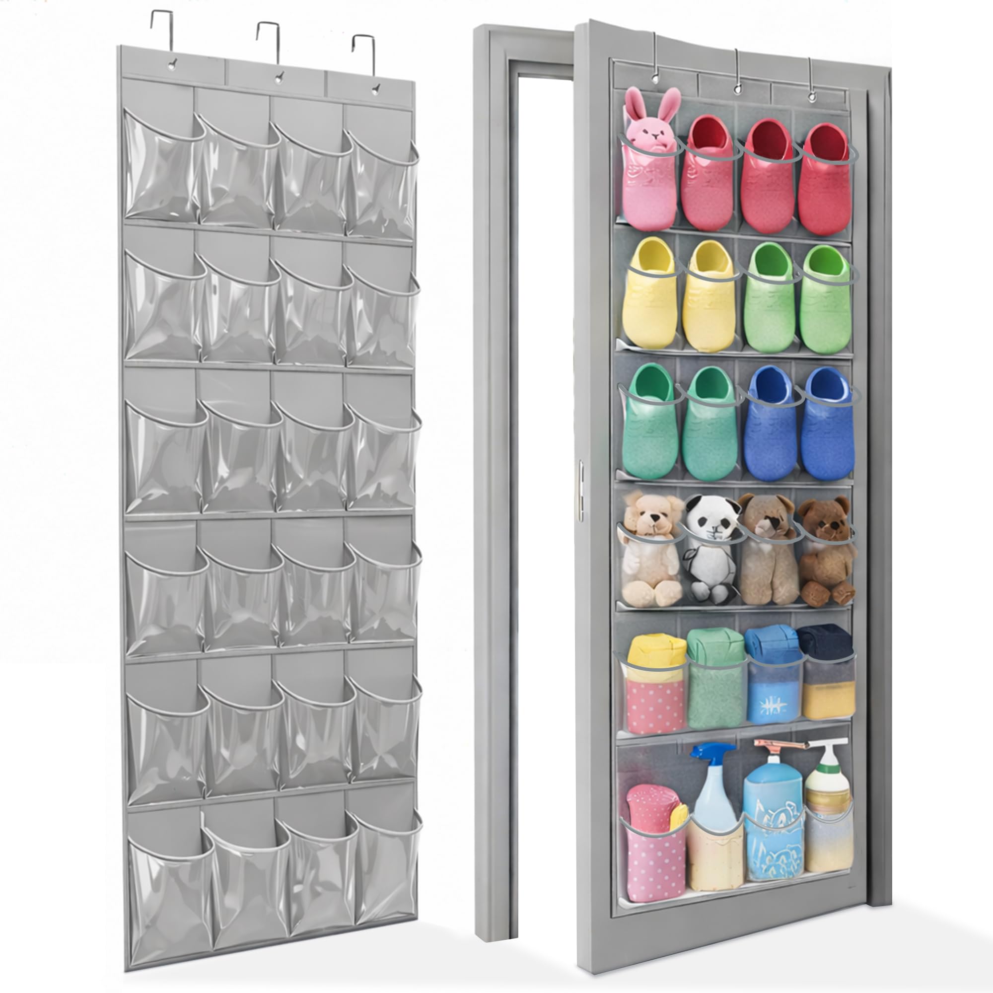 Over the Door Shoe Organizer with 24 Crystal Clear Pockets and Metal Hooks – Heavy Duty Hanging Shoe Storage Rack for Closet, Bathroom, Dorm – Space Saving for Shoes, Accessories, Toys (White)