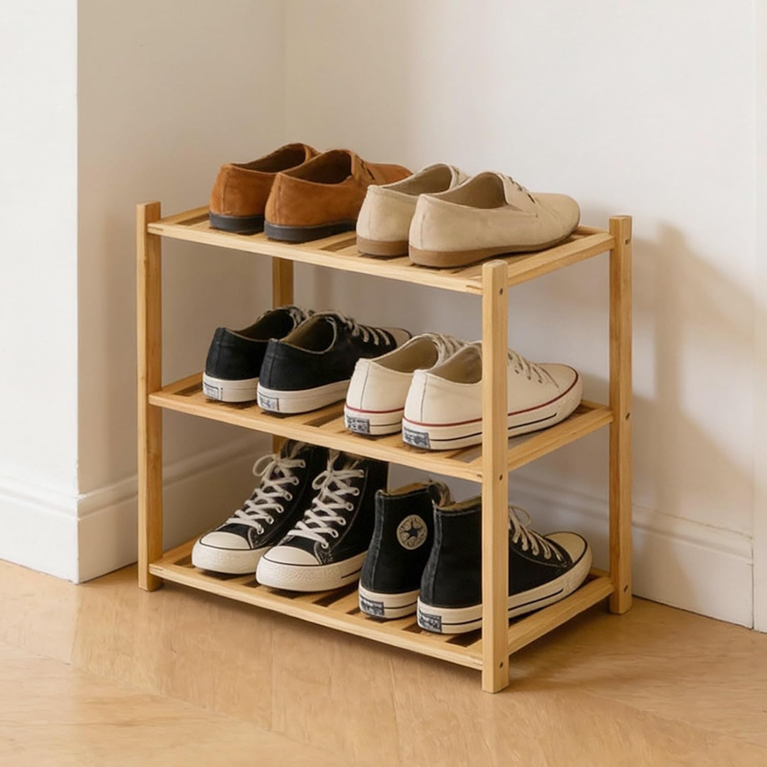 Small Shoe Rack, Multipurpose 3 Tier Shoe Organizers Rack，Small Bamboo Shelfs for Shoes, Plants, Books, Living Room, Hallway Bedroom, Bathroom (3 Tier)