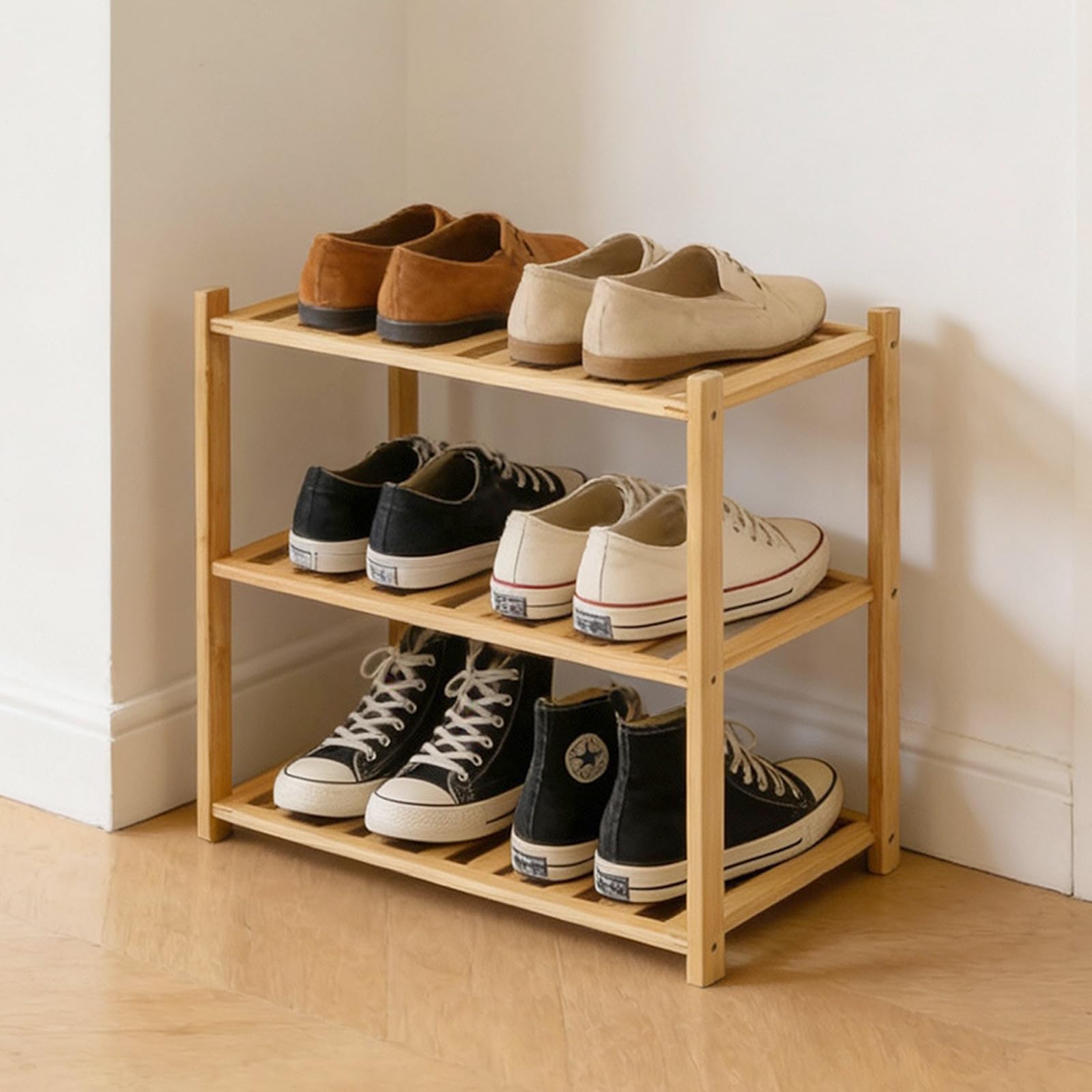 Small Shoe Rack, Multipurpose 3 Tier Shoe Organizers Rack，Small Bamboo Shelfs for Shoes, Plants, Books, Living Room, Hallway Bedroom, Bathroom (3 Tier)