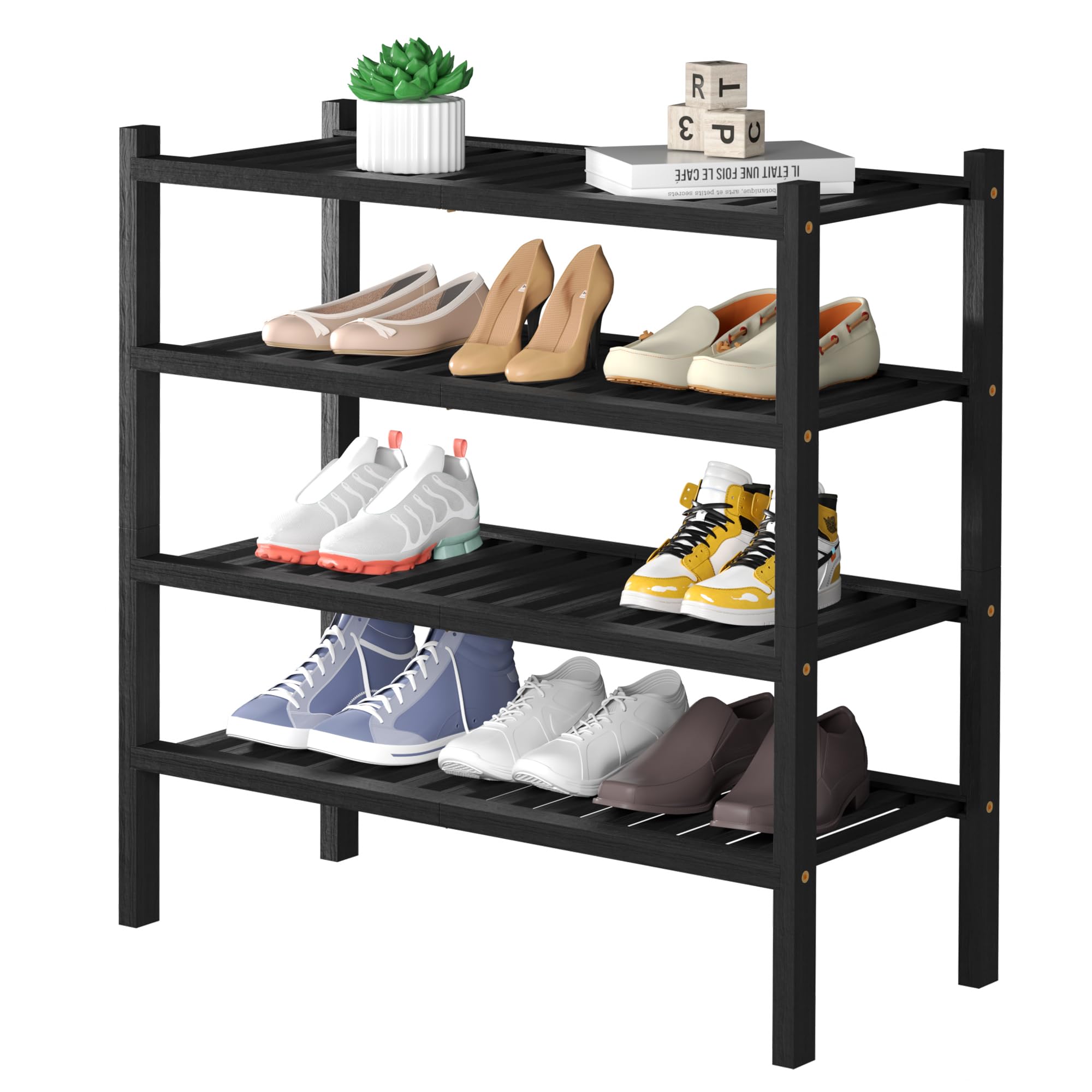 ROMGUAR CRAFT 3 Tier Bamboo Shoe Rack for Closet Free Standing Wood Shoe Shelf Storage Organizer for Entryway Small Space Stackable 27"x11"x20" (Black)