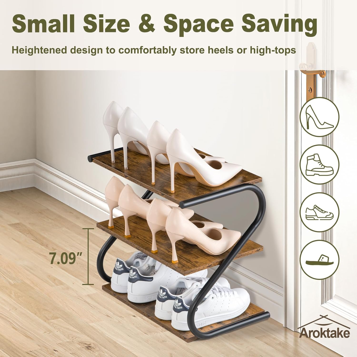 Small 3-Tier Shoe Rack, Z-Frame Wooden Shoe Shelf with Durable Metal Shelves for Hallway, Living Room, Closet, Bedroom (17.2”)