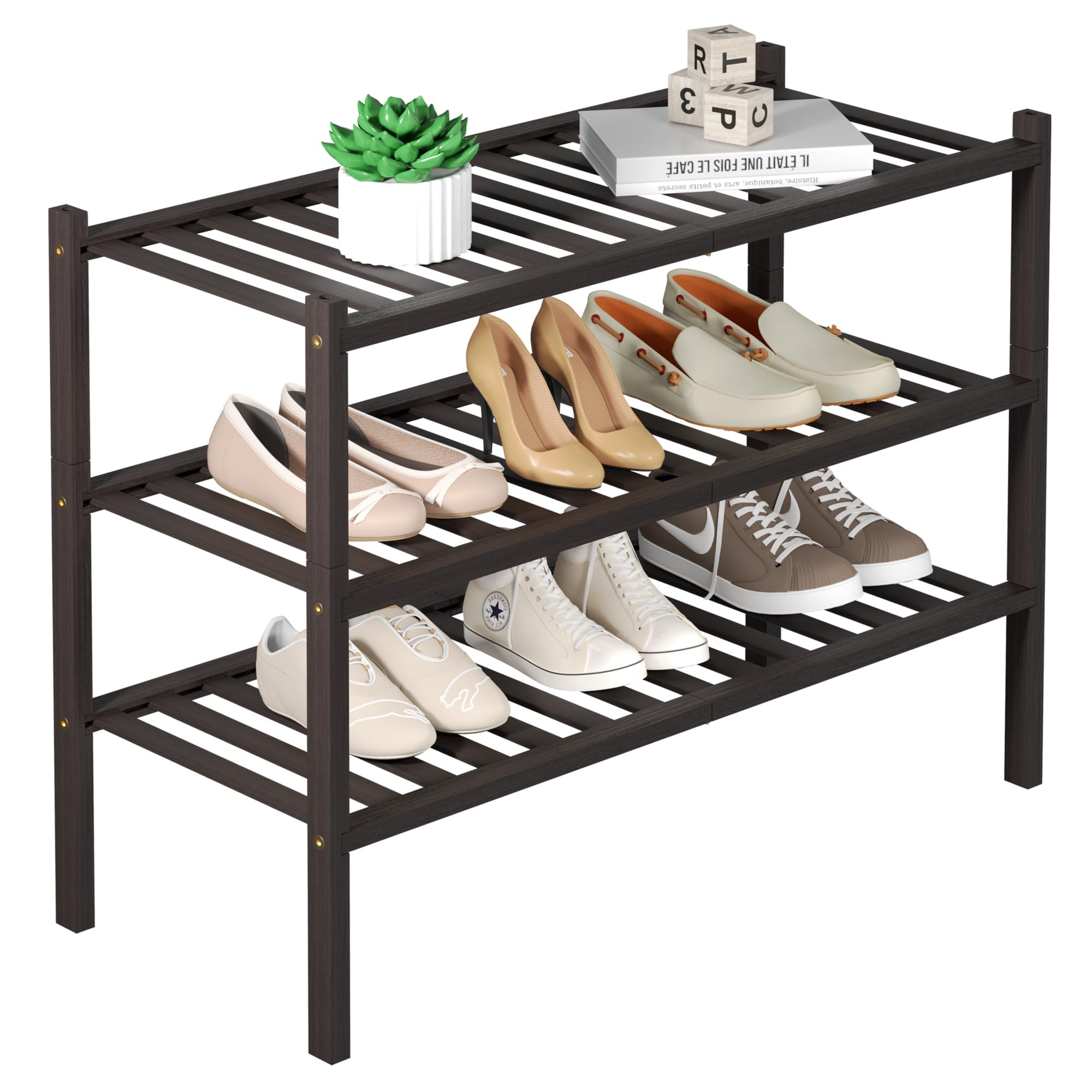 ROMGUAR CRAFT 3 Tier Bamboo Shoe Rack for Closet Free Standing Wood Shoe Shelf Storage Organizer for Entryway Small Space Stackable 27"x11"x20" (Black)