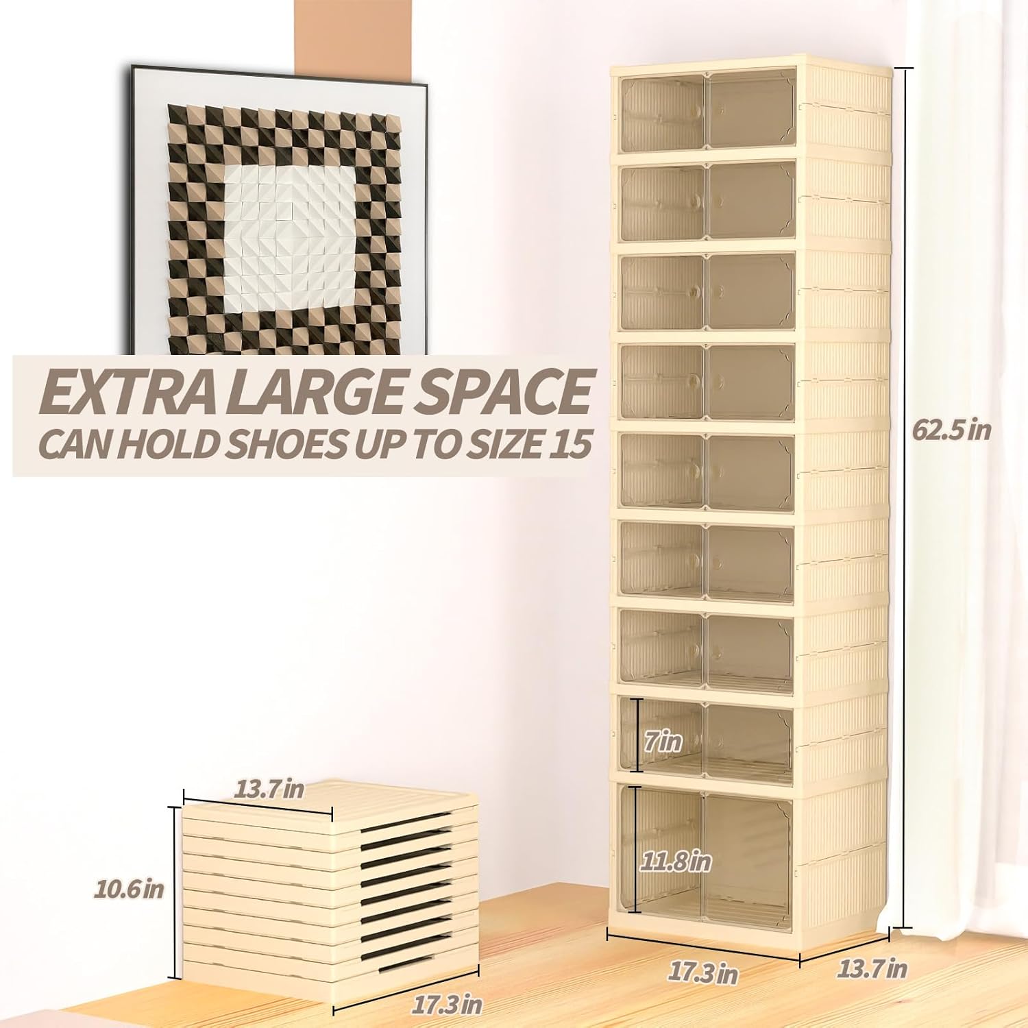 FAHKNS Shoe Storage Box, 9 Tiers Easy Assembly Foldable Plastic Shoe Rack with Clear Door, Stackable Shoe Storage Bins Shoe Organizer for Entryway Closet