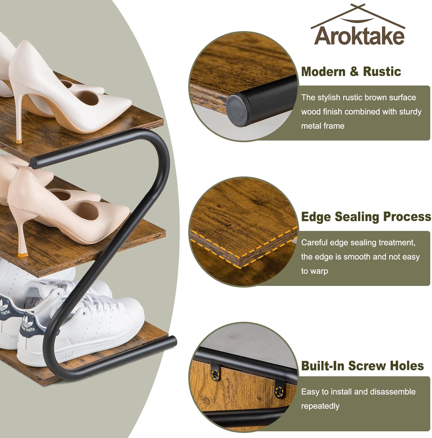 Small 3-Tier Shoe Rack, Z-Frame Wooden Shoe Shelf with Durable Metal Shelves for Hallway, Living Room, Closet, Bedroom (17.2”)